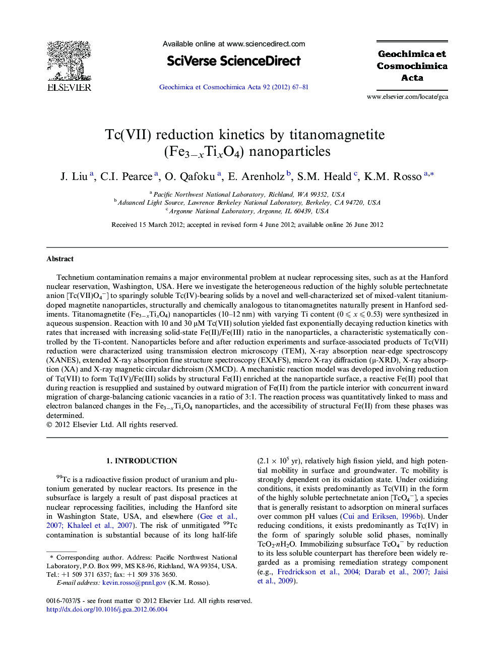 عکس صفحه اول مقاله: Tc(VII) reduction kinetics by titanomagnetite (Fe3−xTixO4) nanoparticles Tc(VII) reduction kinetics by titanomagnetite (Fe3−xTixO4) nanoparticles