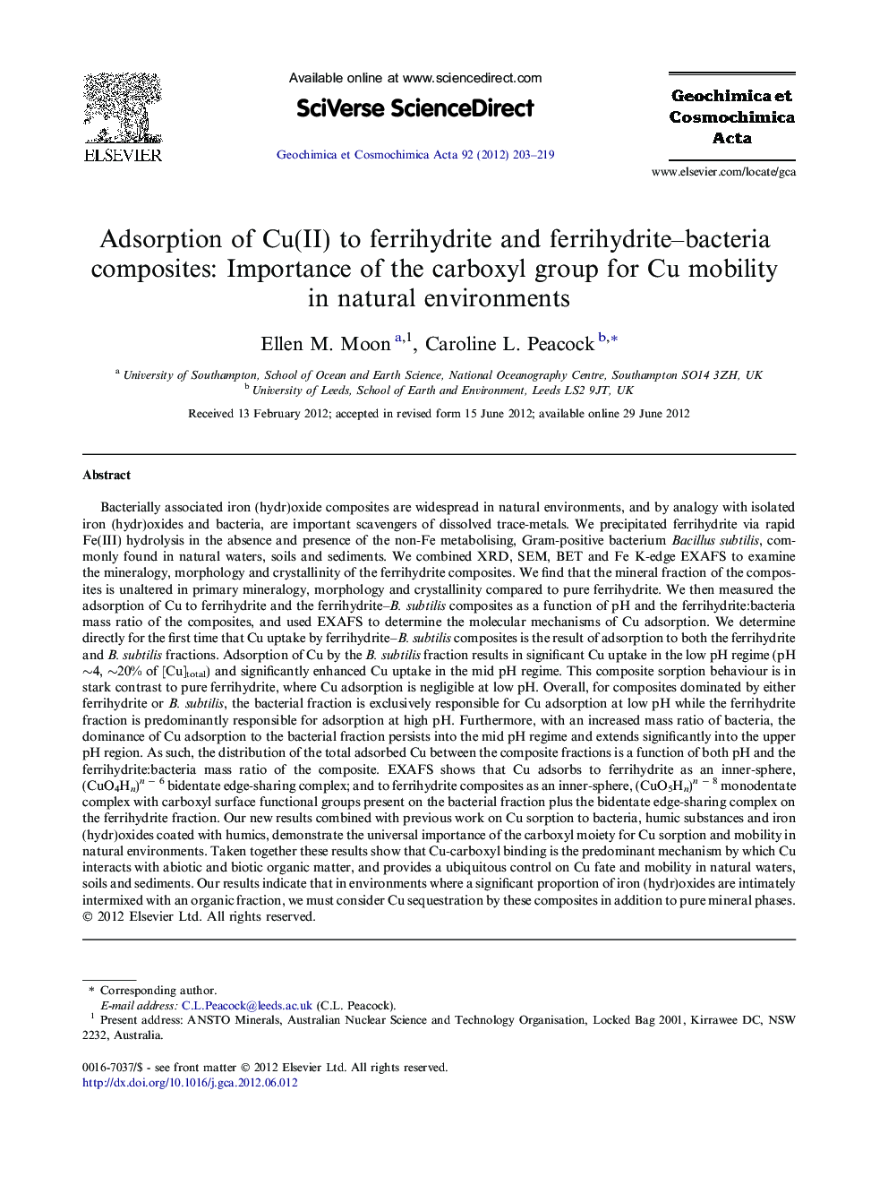 Adsorption of Cu(II) to ferrihydrite and ferrihydrite-bacteria composites: Importance of the carboxyl group for Cu mobility in natural environments