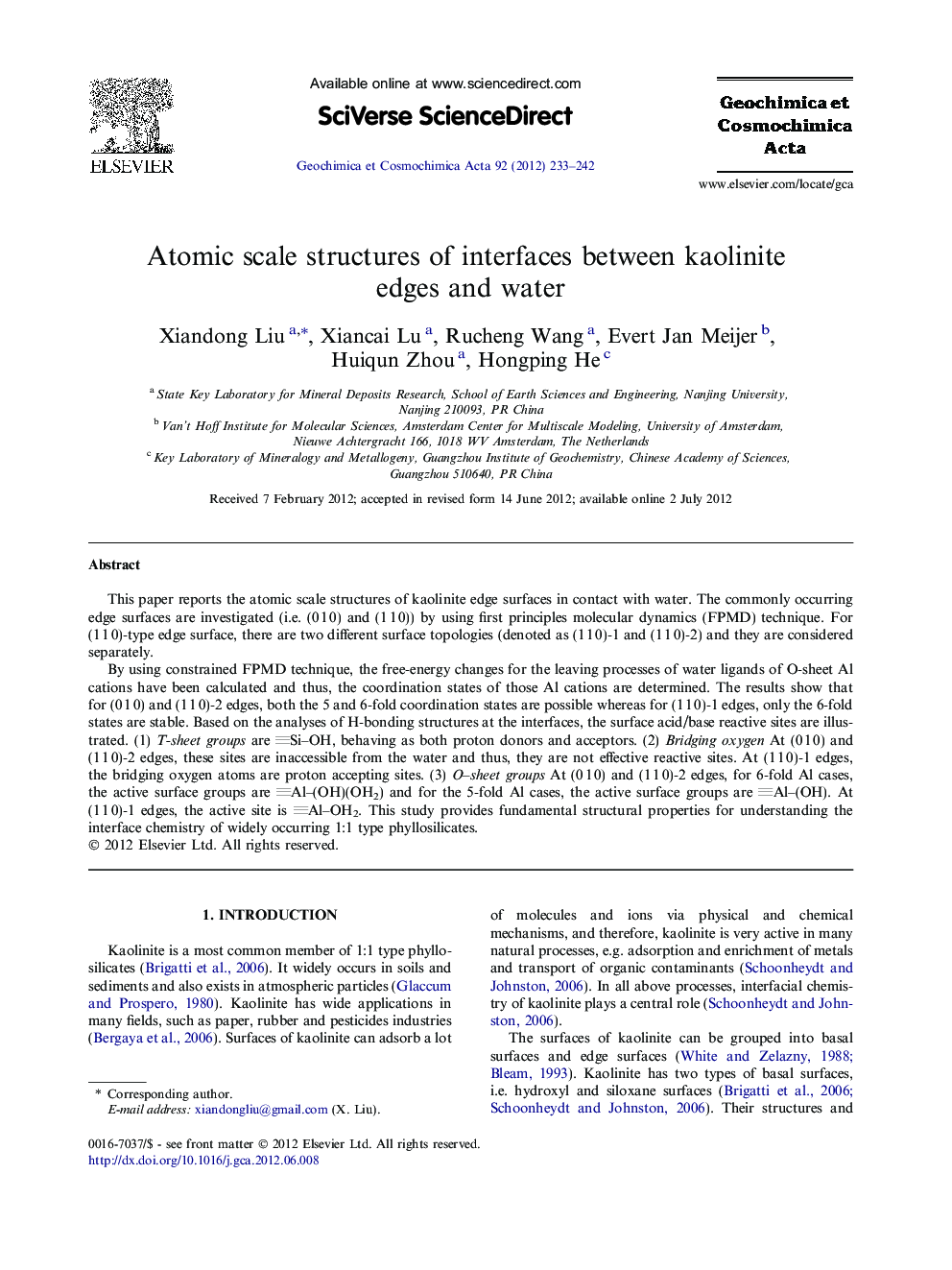 عکس صفحه اول مقاله: Atomic scale structures of interfaces between kaolinite edges and water Atomic scale structures of interfaces between kaolinite edges and water