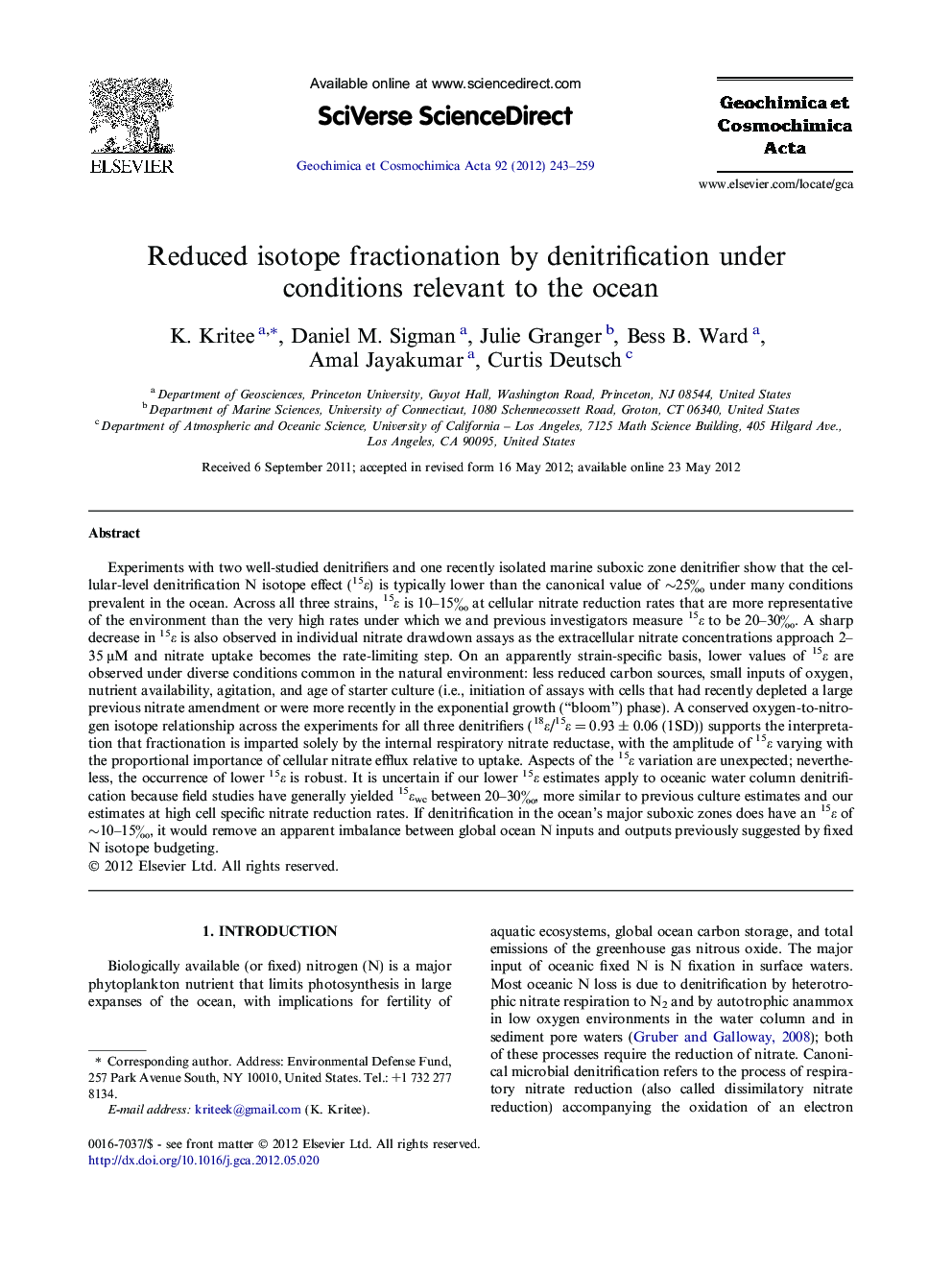 Reduced isotope fractionation by denitrification under conditions relevant to the ocean