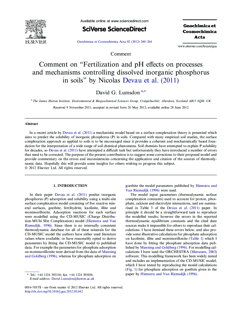 Comment on “Fertilization and pH effects on processes and mechanisms controlling dissolved inorganic phosphorus in soils” by Nicolas Devau et al. (2011)