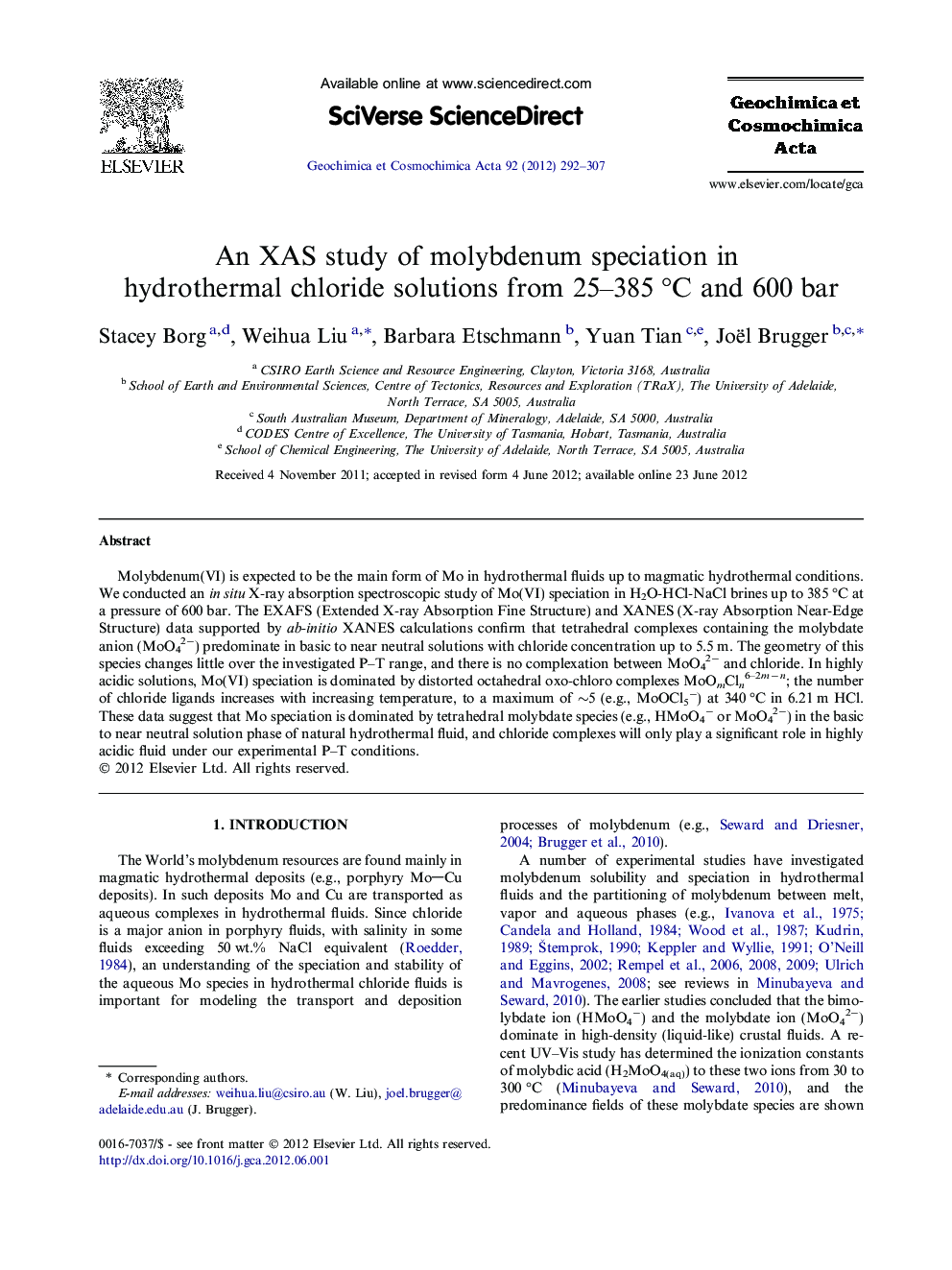 An XAS study of molybdenum speciation in hydrothermal chloride solutions from 25–385 °C and 600 bar