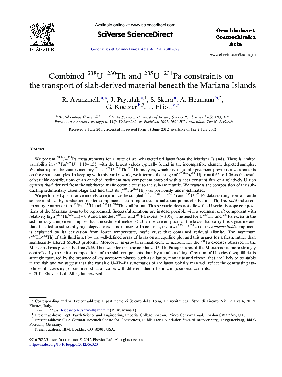 Combined 238U–230Th and 235U–231Pa constraints on the transport of slab-derived material beneath the Mariana Islands