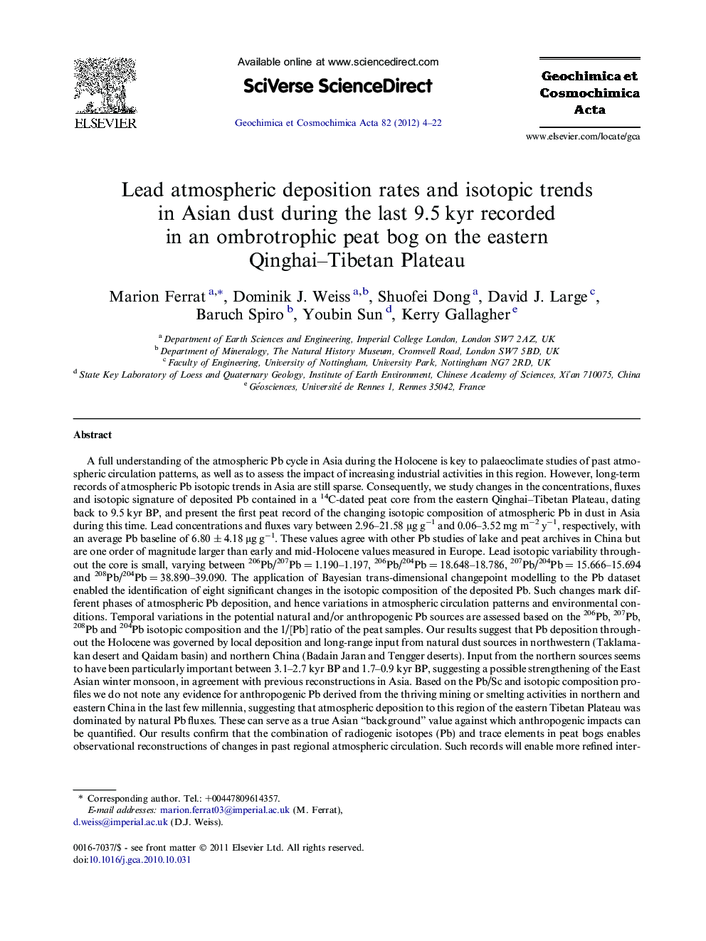 Lead atmospheric deposition rates and isotopic trends in Asian dust during the last 9.5 kyr recorded in an ombrotrophic peat bog on the eastern Qinghai–Tibetan Plateau