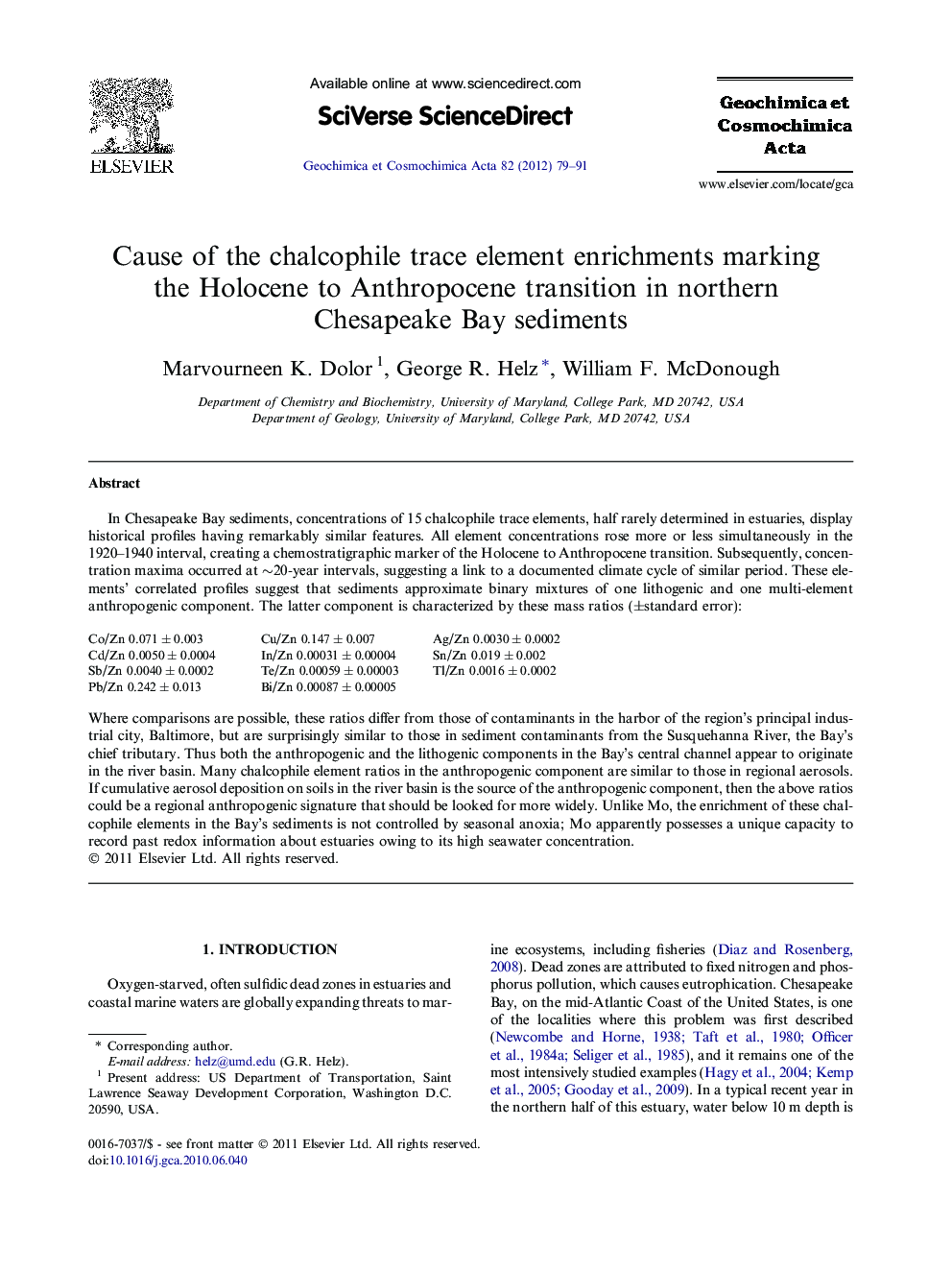 Cause of the chalcophile trace element enrichments marking the Holocene to Anthropocene transition in northern Chesapeake Bay sediments