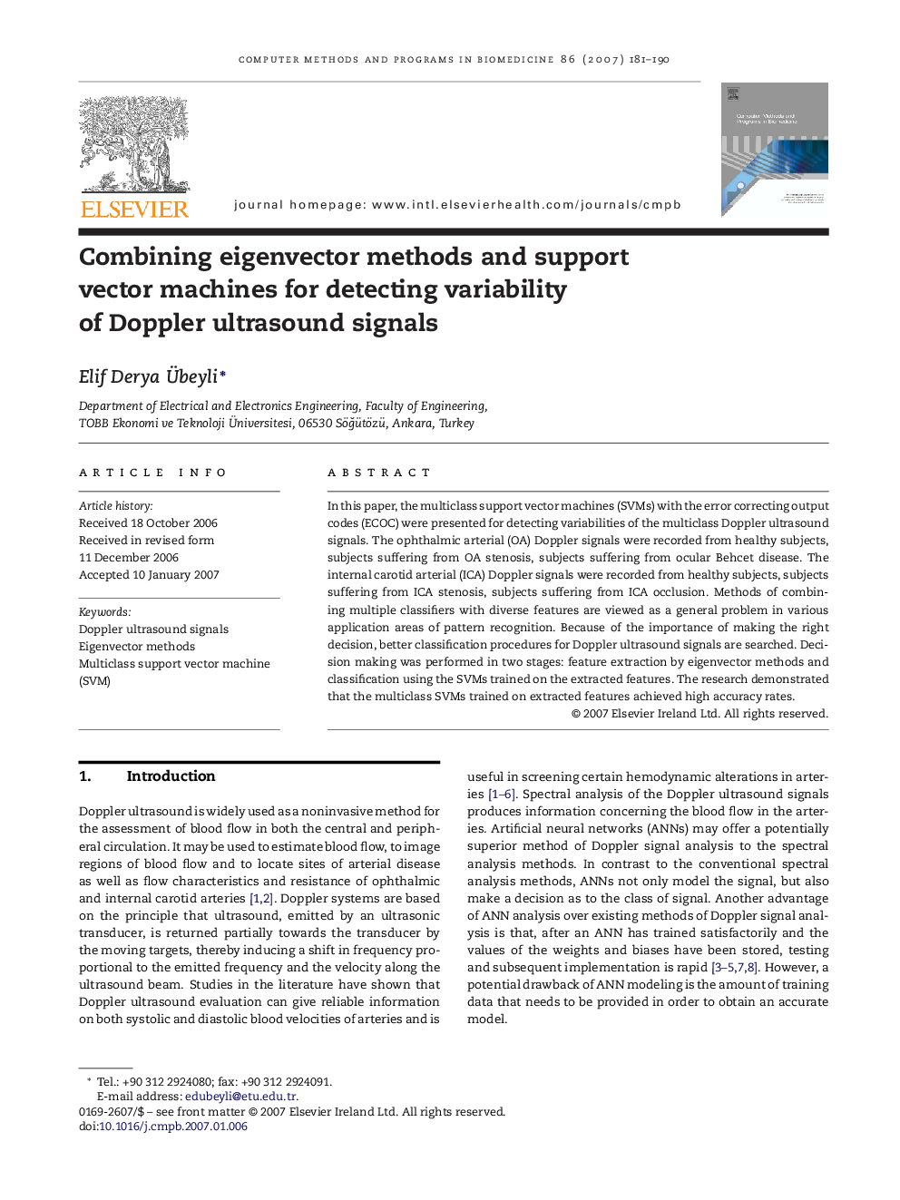 Combining eigenvector methods and support vector machines for detecting variability of Doppler ultrasound signals