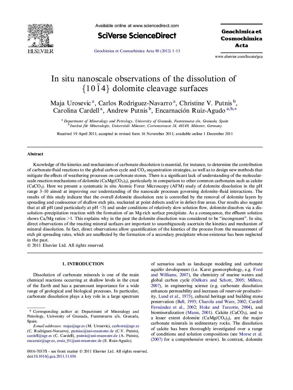 In situ nanoscale observations of the dissolution of {101¯4} dolomite cleavage surfaces