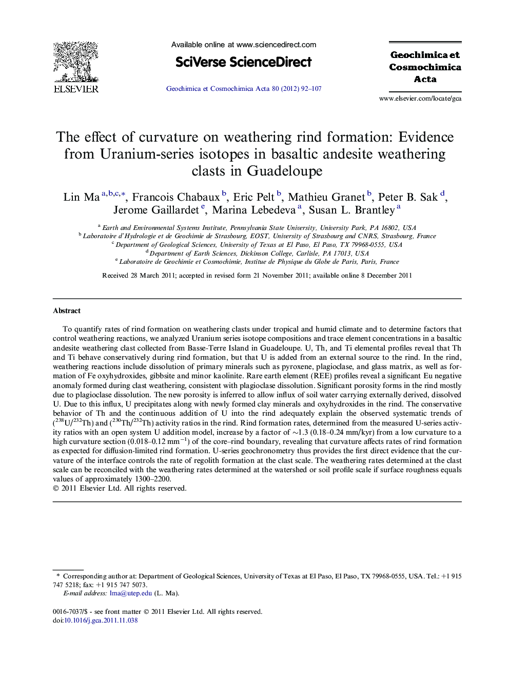 The effect of curvature on weathering rind formation: Evidence from Uranium-series isotopes in basaltic andesite weathering clasts in Guadeloupe