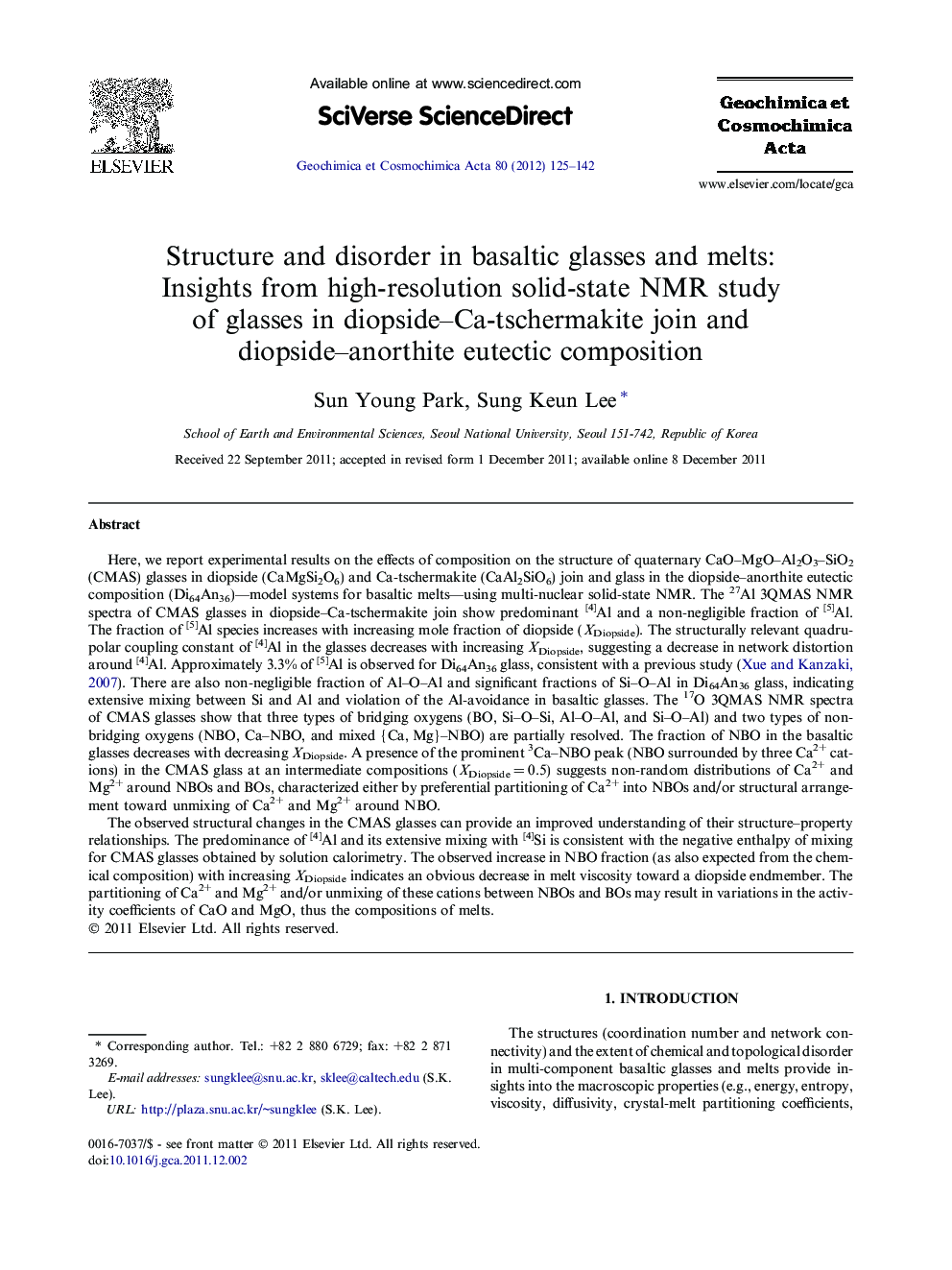 Structure and disorder in basaltic glasses and melts: Insights from high-resolution solid-state NMR study of glasses in diopside–Ca-tschermakite join and diopside–anorthite eutectic composition