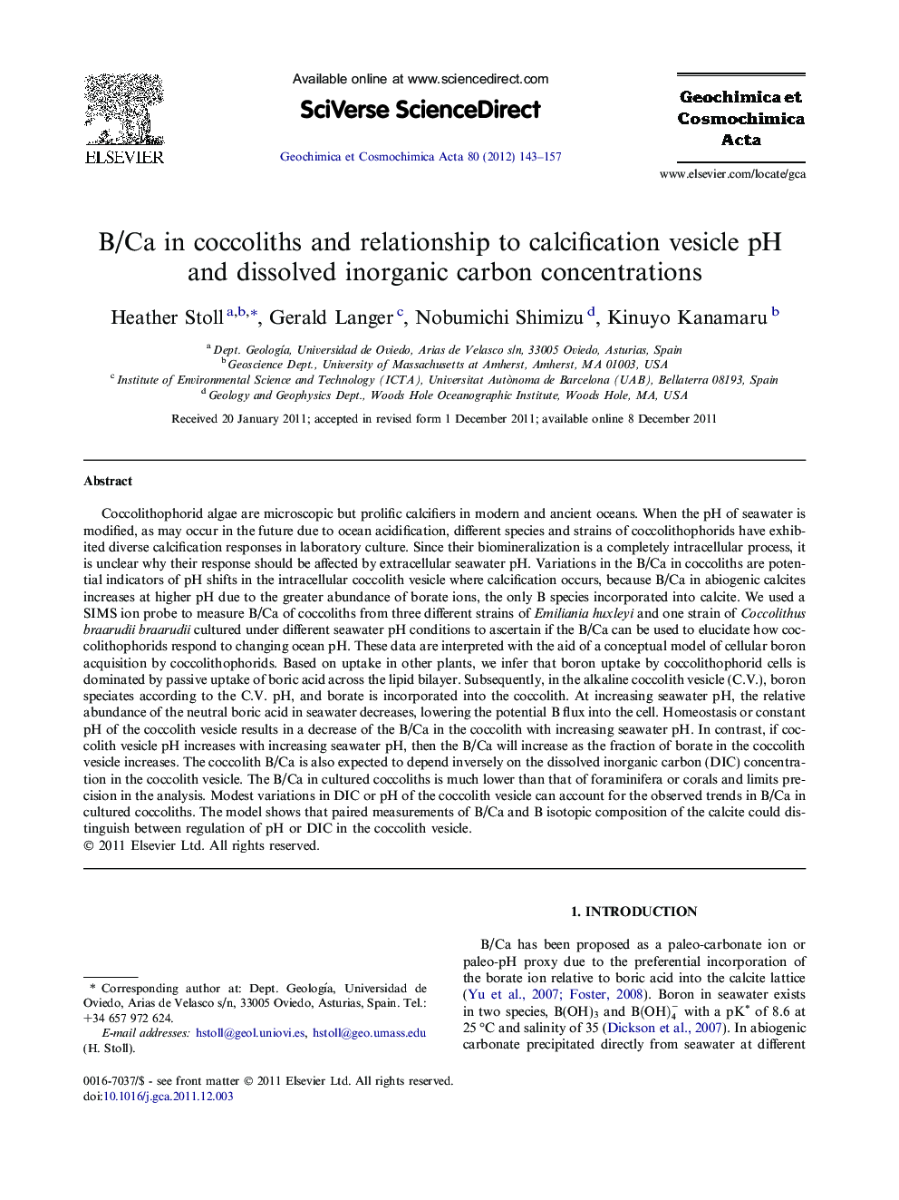 B/Ca in coccoliths and relationship to calcification vesicle pH and dissolved inorganic carbon concentrations