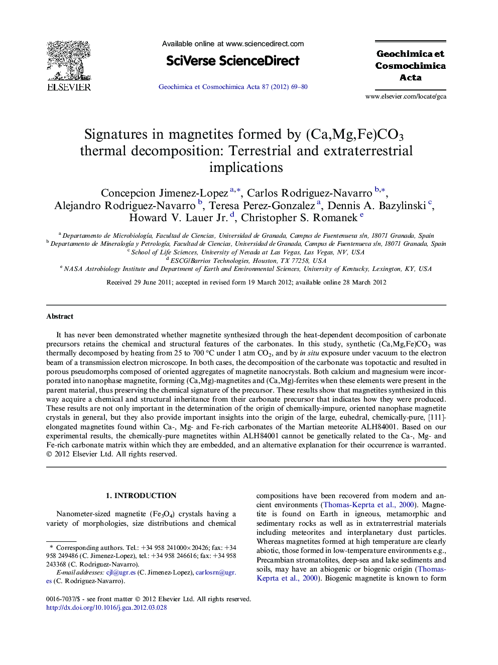 Signatures in magnetites formed by (Ca,Mg,Fe)CO3 thermal decomposition: Terrestrial and extraterrestrial implications