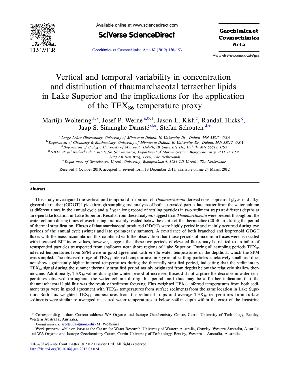 Vertical and temporal variability in concentration and distribution of thaumarchaeotal tetraether lipids in Lake Superior and the implications for the application of the TEX86 temperature proxy