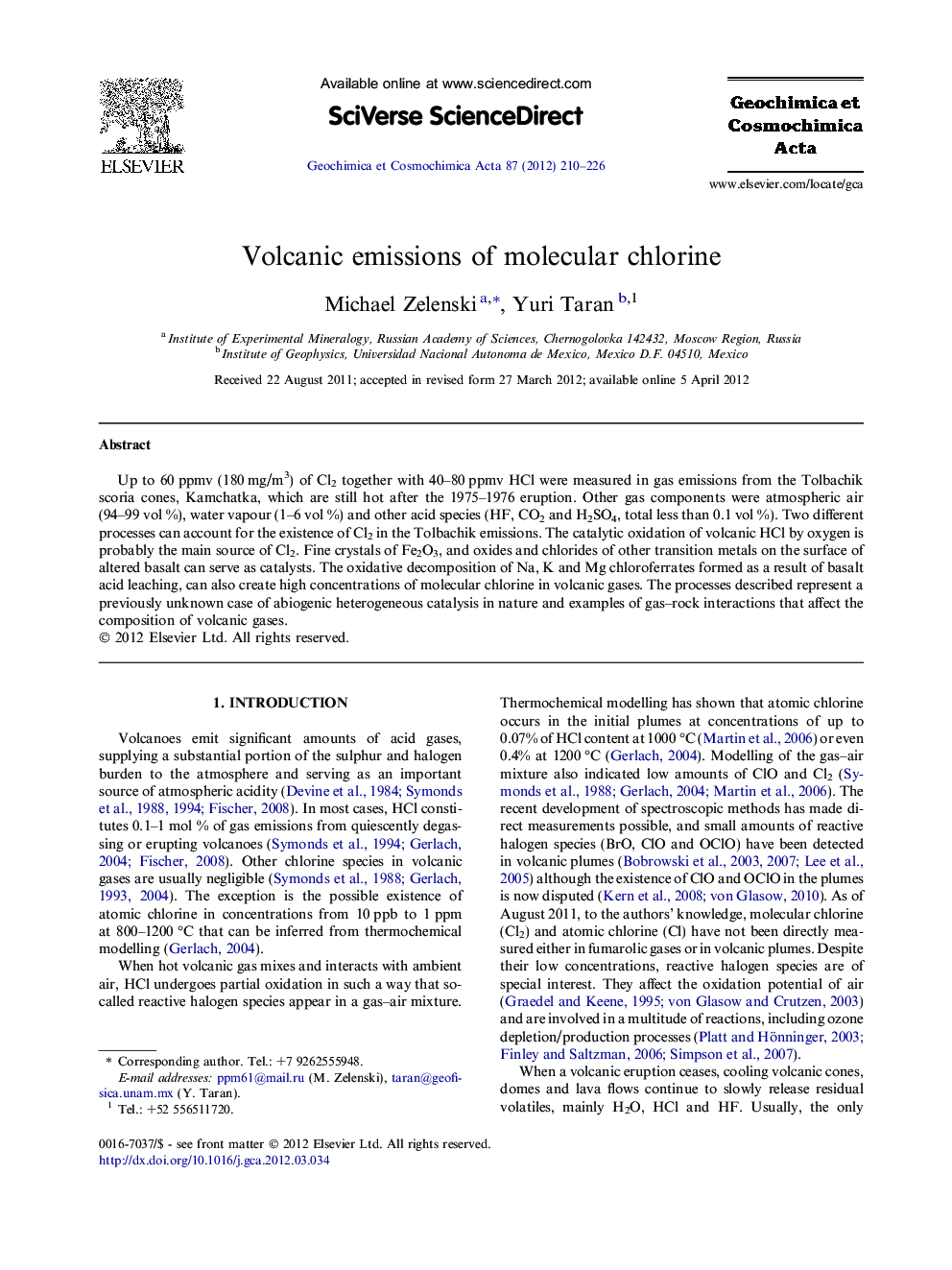 Volcanic emissions of molecular chlorine