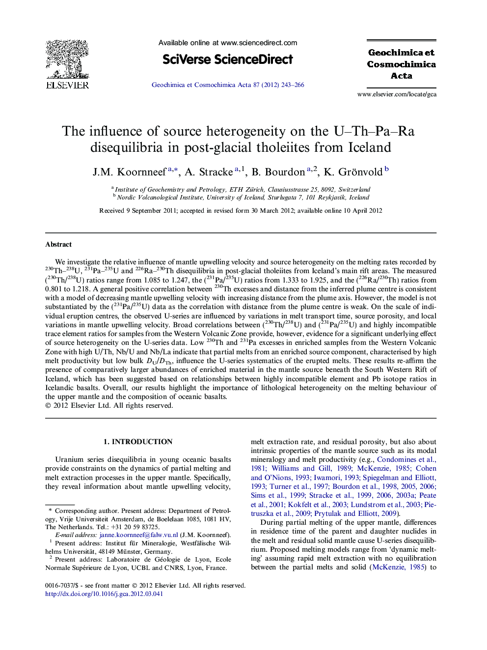 The influence of source heterogeneity on the U–Th–Pa–Ra disequilibria in post-glacial tholeiites from Iceland