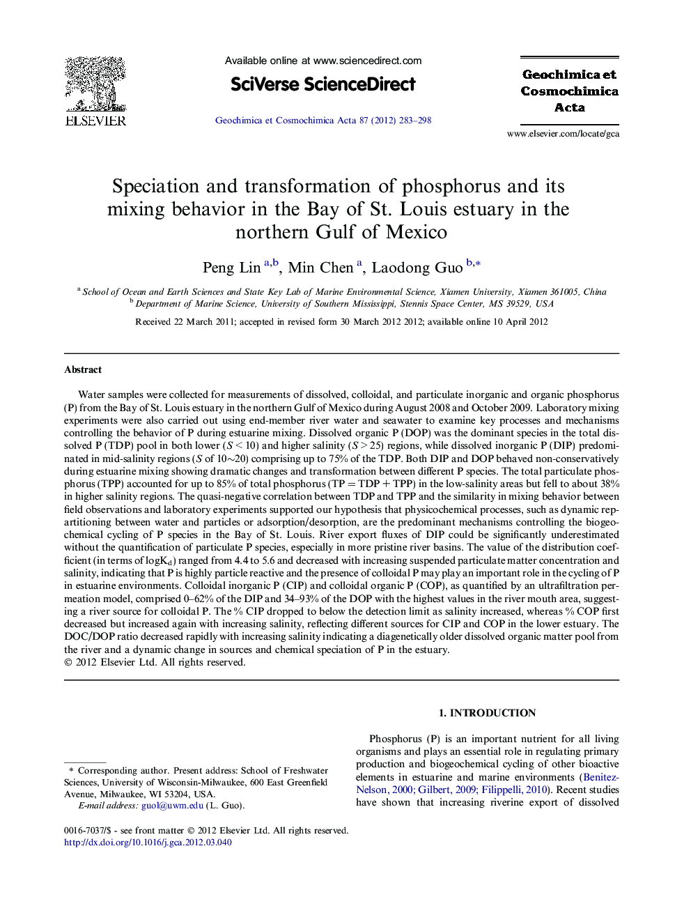 Speciation and transformation of phosphorus and its mixing behavior in the Bay of St. Louis estuary in the northern Gulf of Mexico