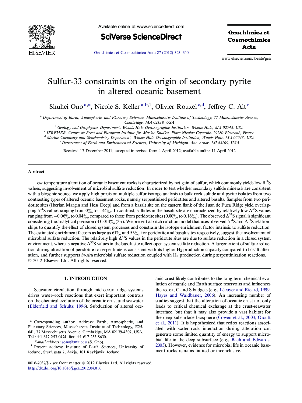 Sulfur-33 constraints on the origin of secondary pyrite in altered oceanic basement