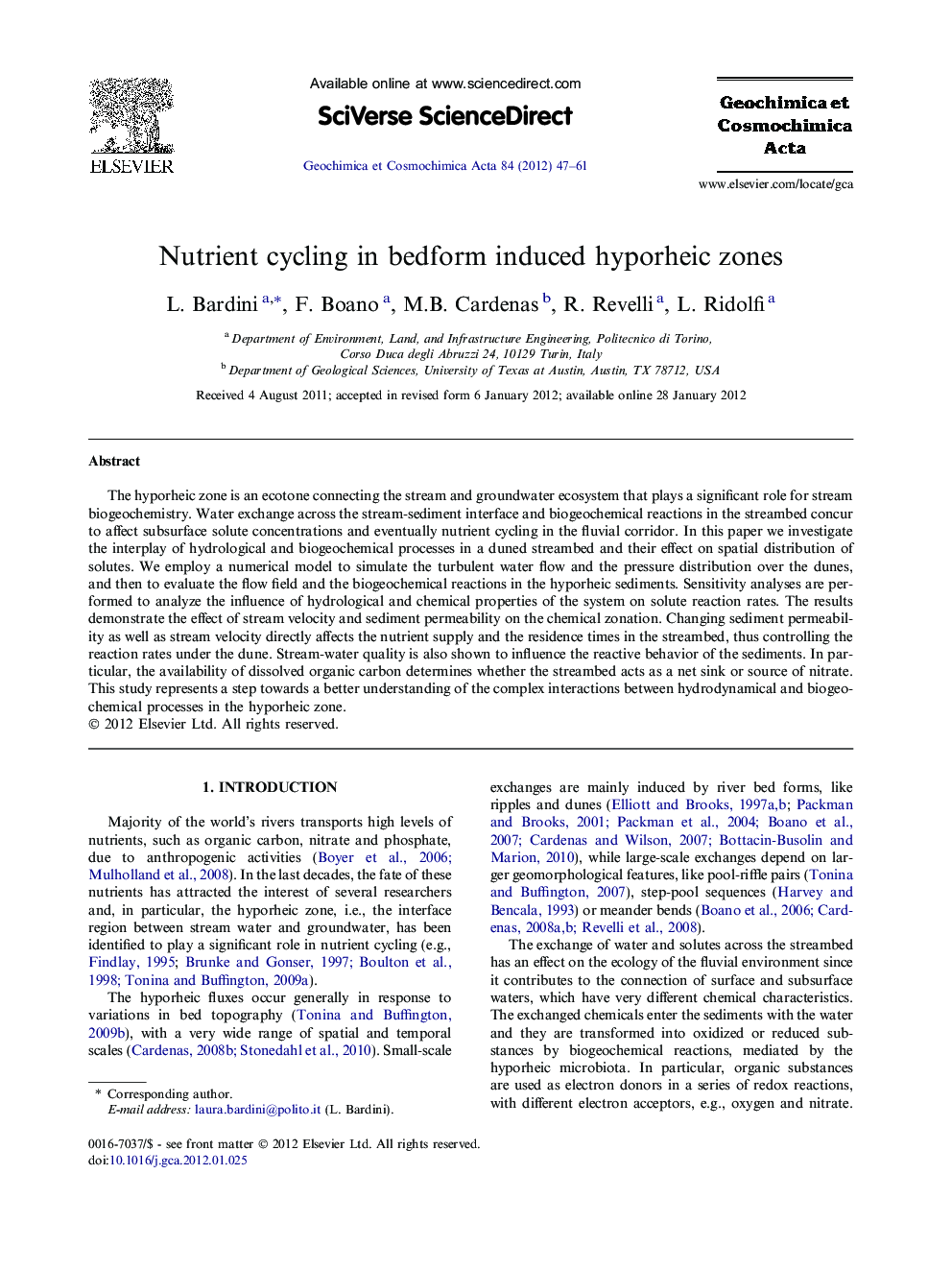 Nutrient cycling in bedform induced hyporheic zones