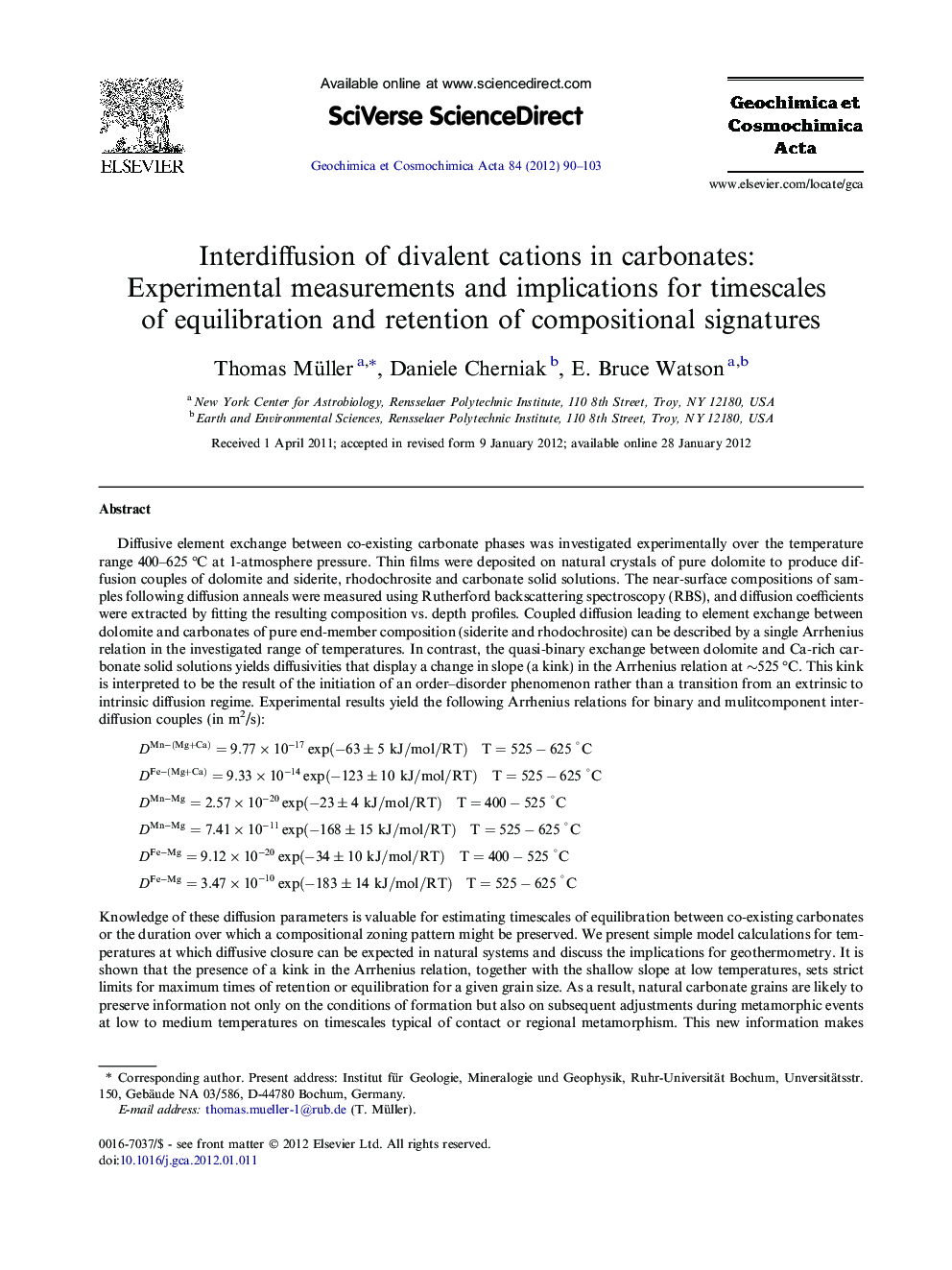 Interdiffusion of divalent cations in carbonates: Experimental measurements and implications for timescales of equilibration and retention of compositional signatures