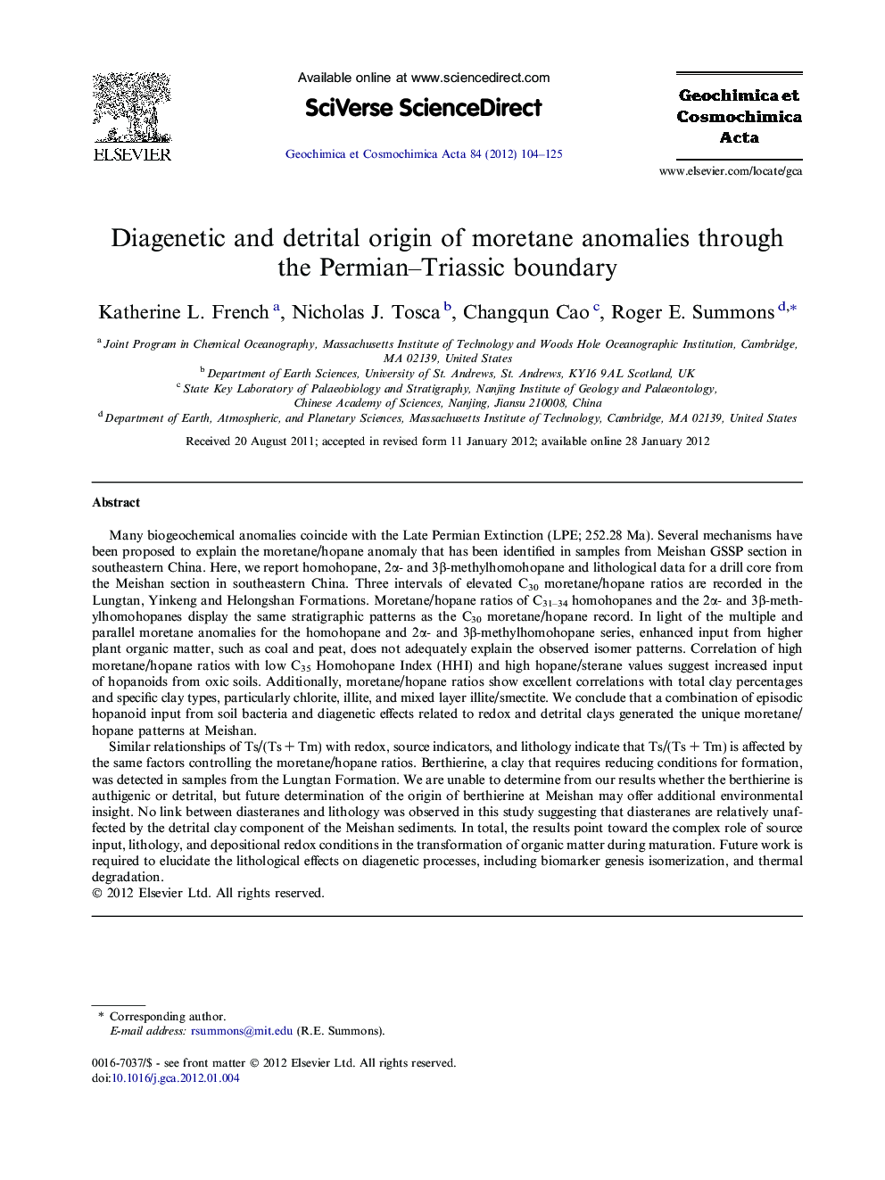 Diagenetic and detrital origin of moretane anomalies through the Permian-Triassic boundary