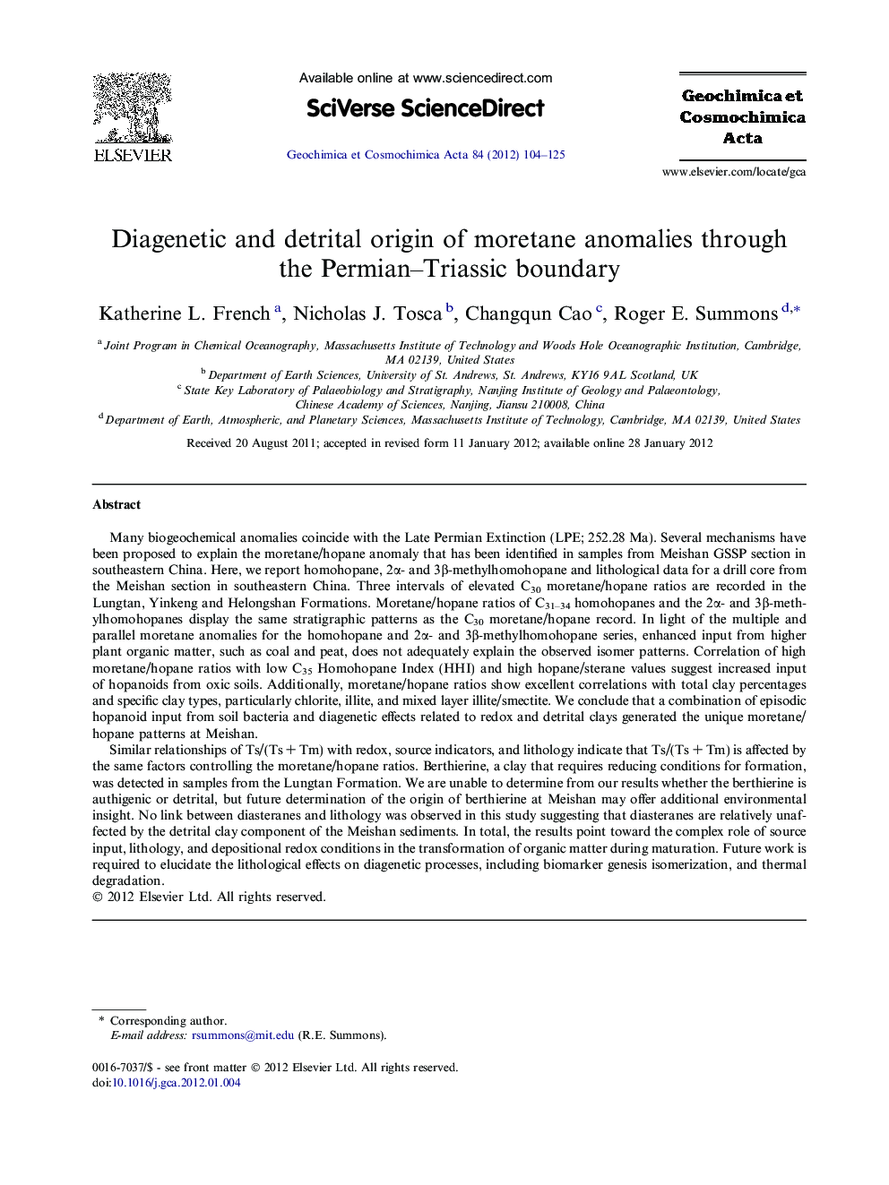Diagenetic and detrital origin of moretane anomalies through the Permian-Triassic boundary