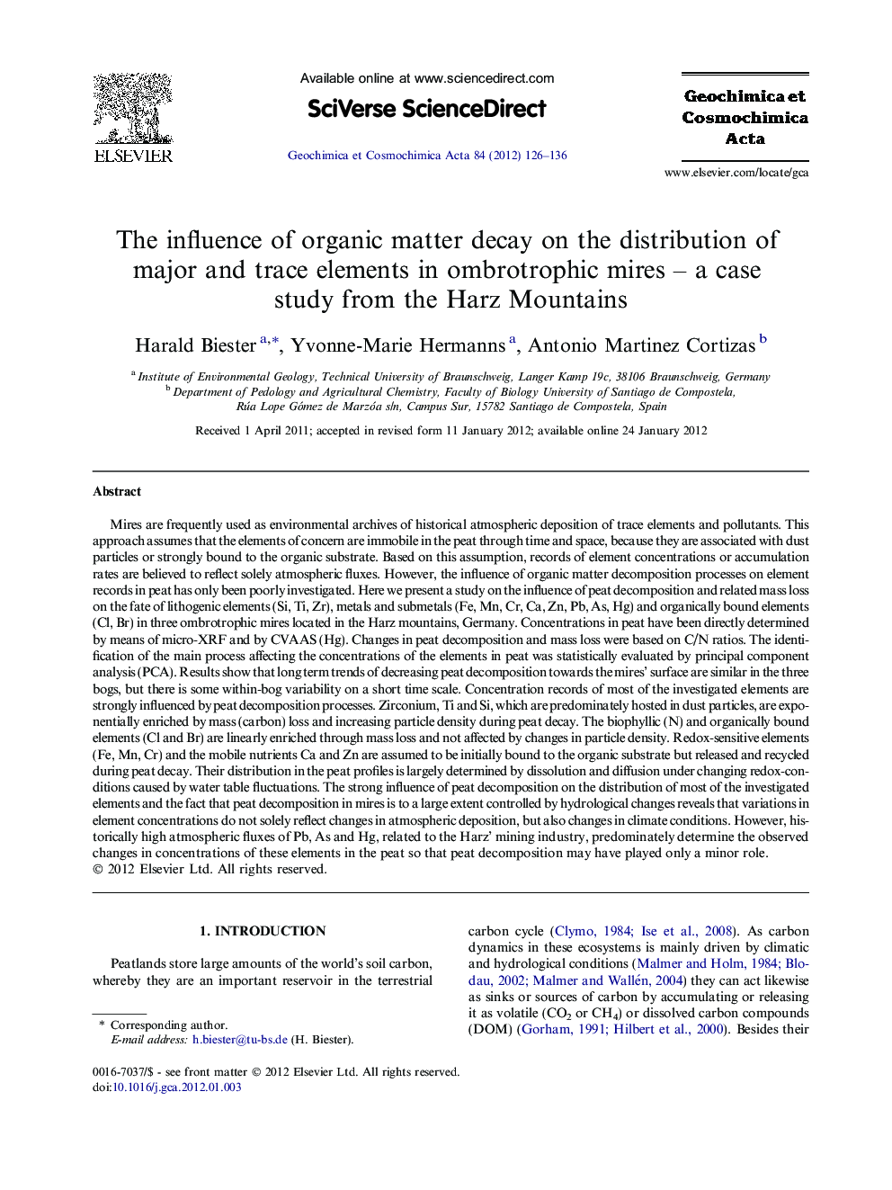 The influence of organic matter decay on the distribution of major and trace elements in ombrotrophic mires – a case study from the Harz Mountains