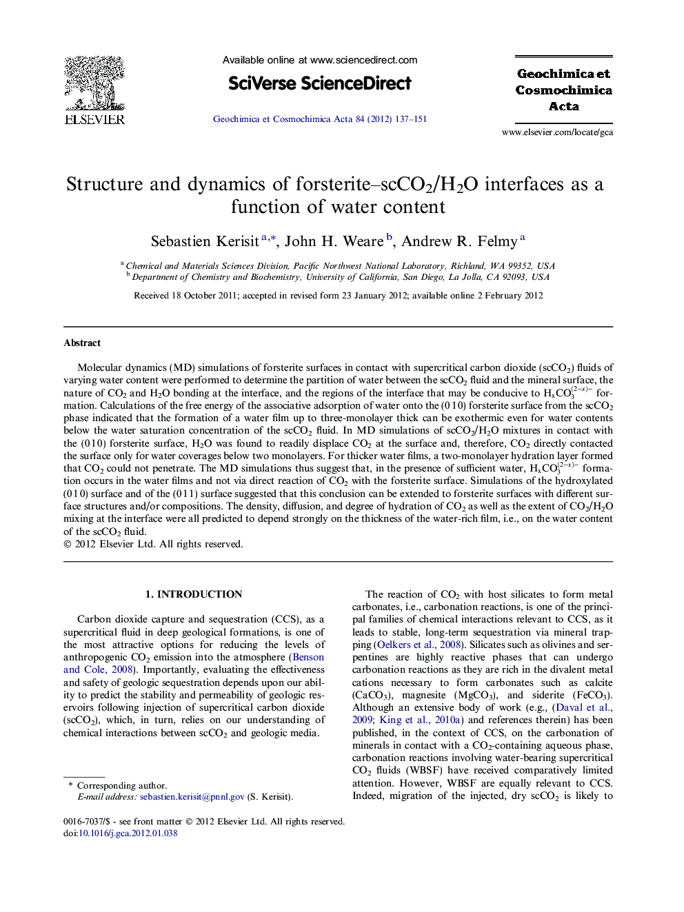 Structure and dynamics of forsterite–scCO2/H2O interfaces as a function of water content