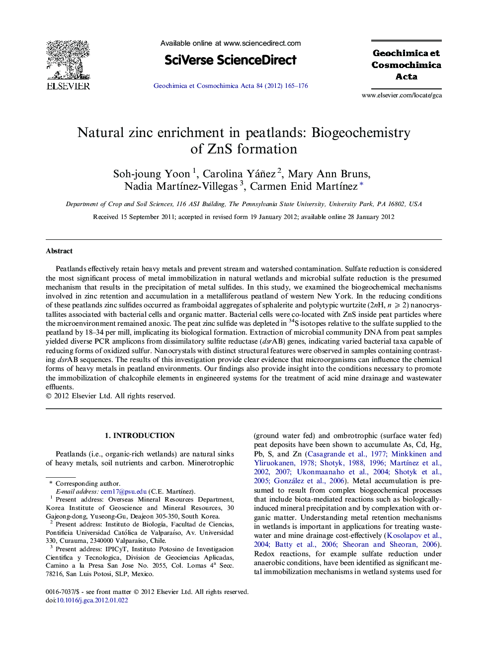 Natural zinc enrichment in peatlands: Biogeochemistry of ZnS formation