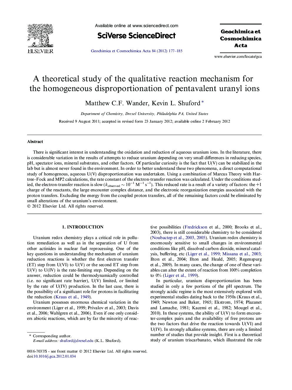 A theoretical study of the qualitative reaction mechanism for the homogeneous disproportionation of pentavalent uranyl ions