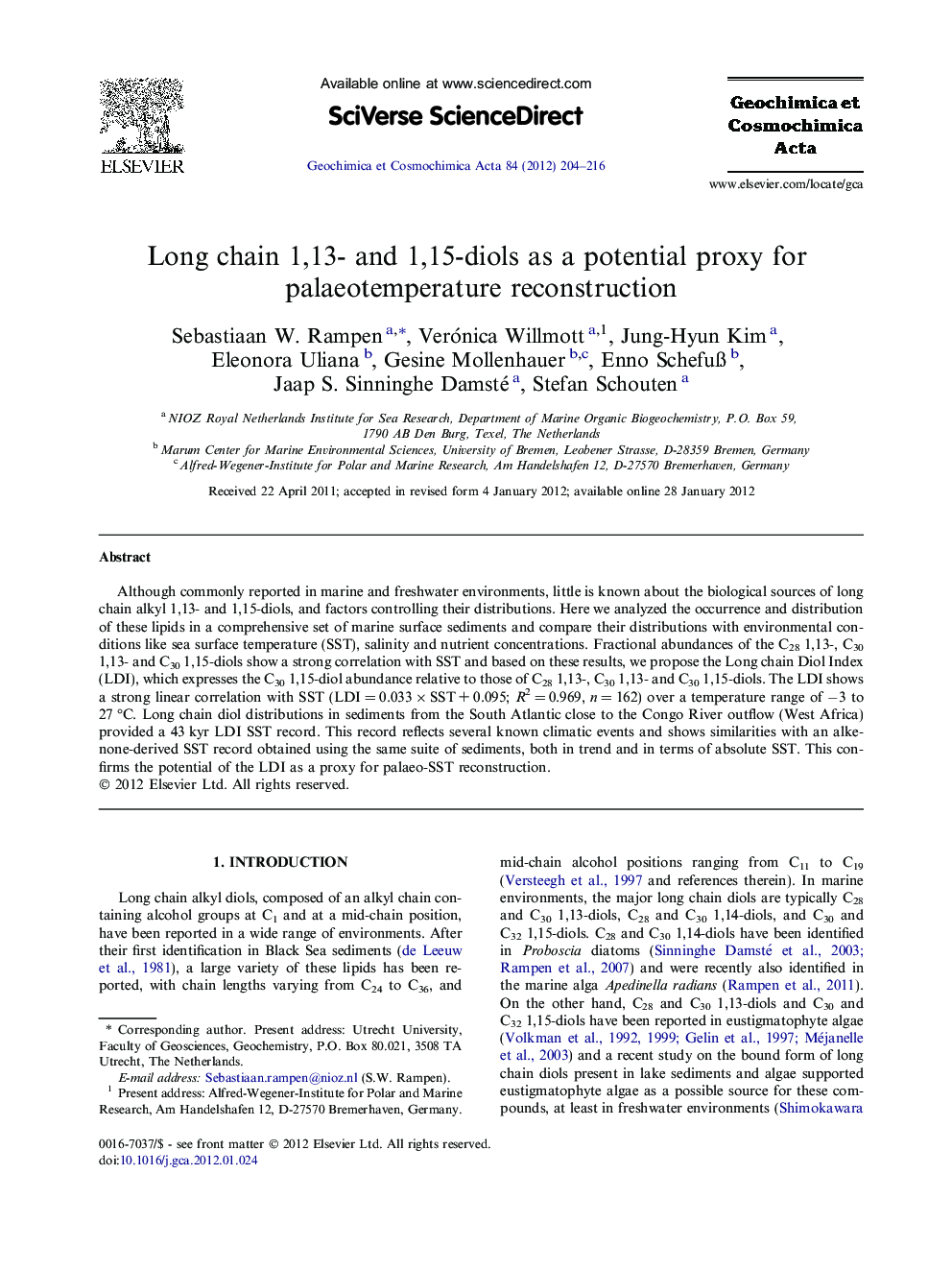 Long chain 1,13- and 1,15-diols as a potential proxy for palaeotemperature reconstruction