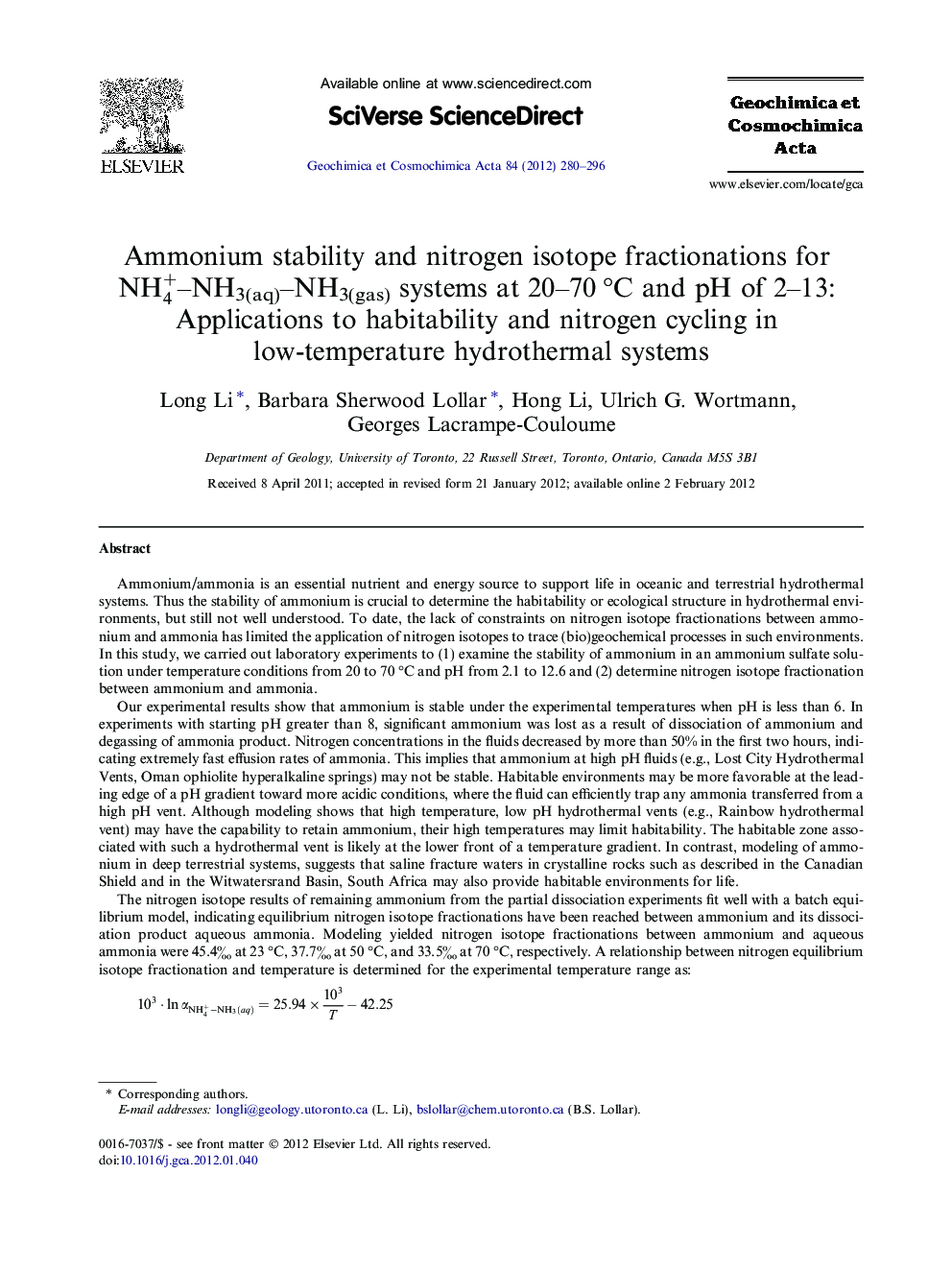 Ammonium stability and nitrogen isotope fractionations for NH4+–NH3(aq)–NH3(gas) systems at 20–70 °C and pH of 2–13: Applications to habitability and nitrogen cycling in low-temperature hydrothermal systems
