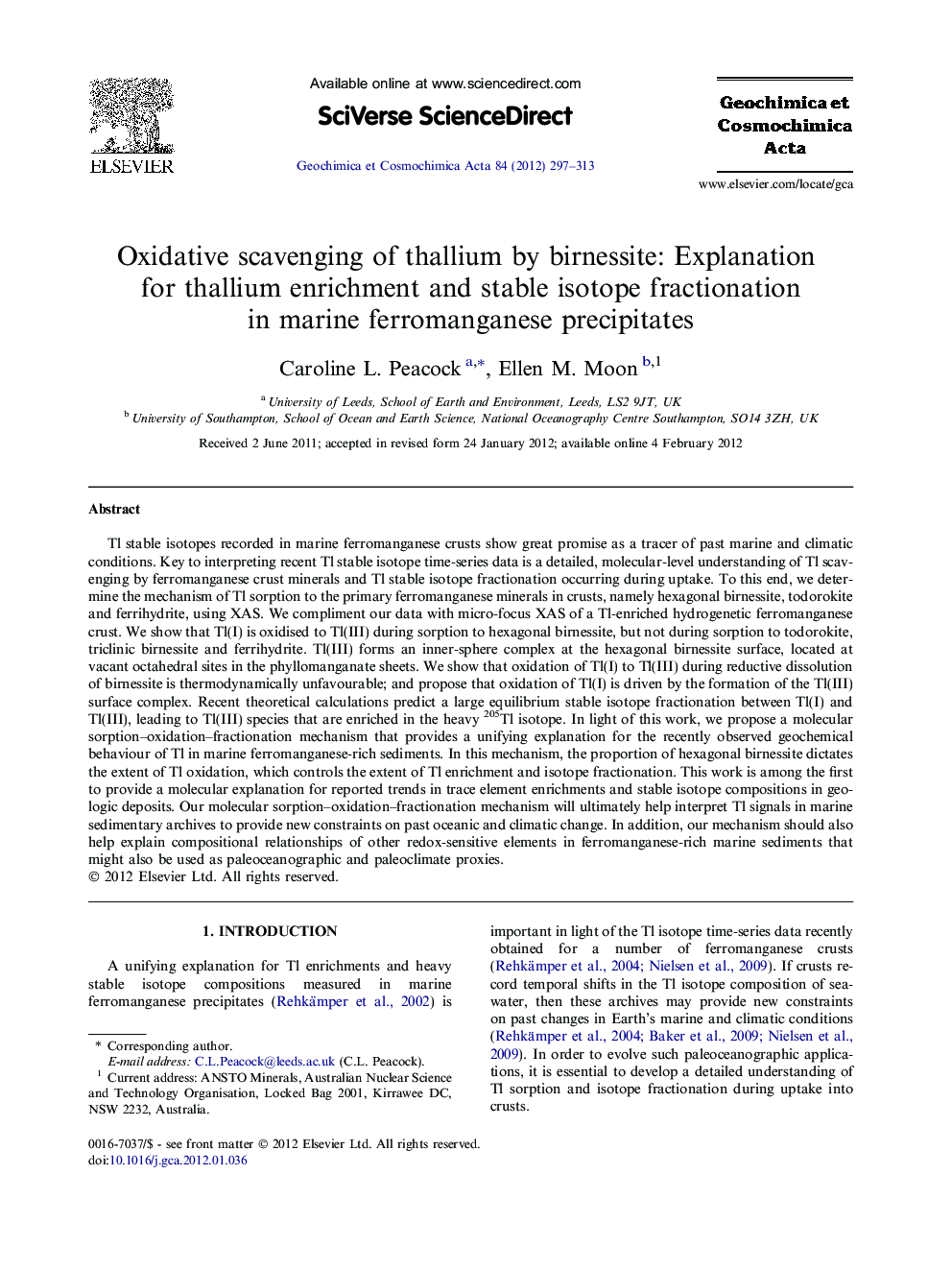 Oxidative scavenging of thallium by birnessite: Explanation for thallium enrichment and stable isotope fractionation in marine ferromanganese precipitates