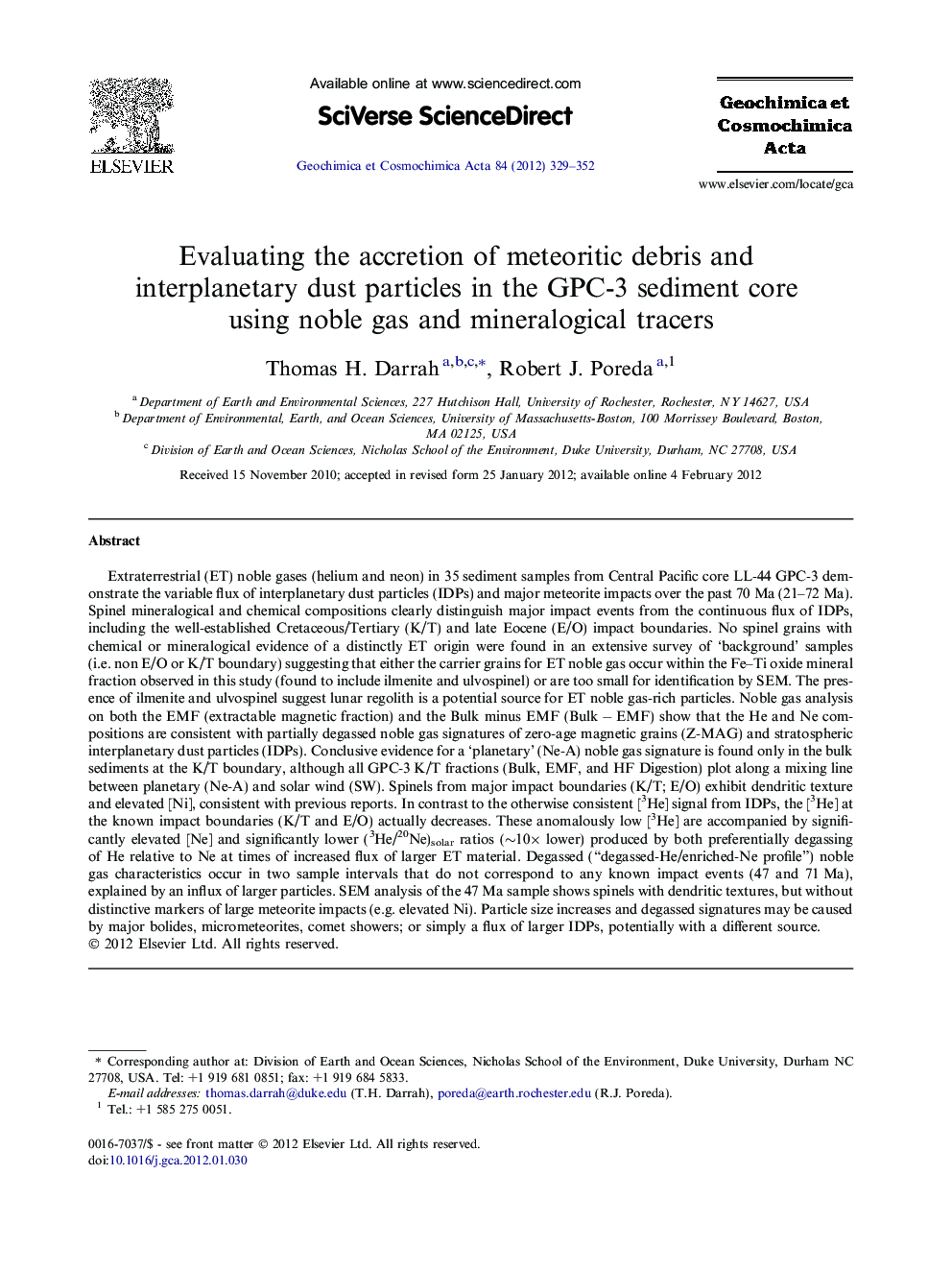 Evaluating the accretion of meteoritic debris and interplanetary dust particles in the GPC-3 sediment core using noble gas and mineralogical tracers