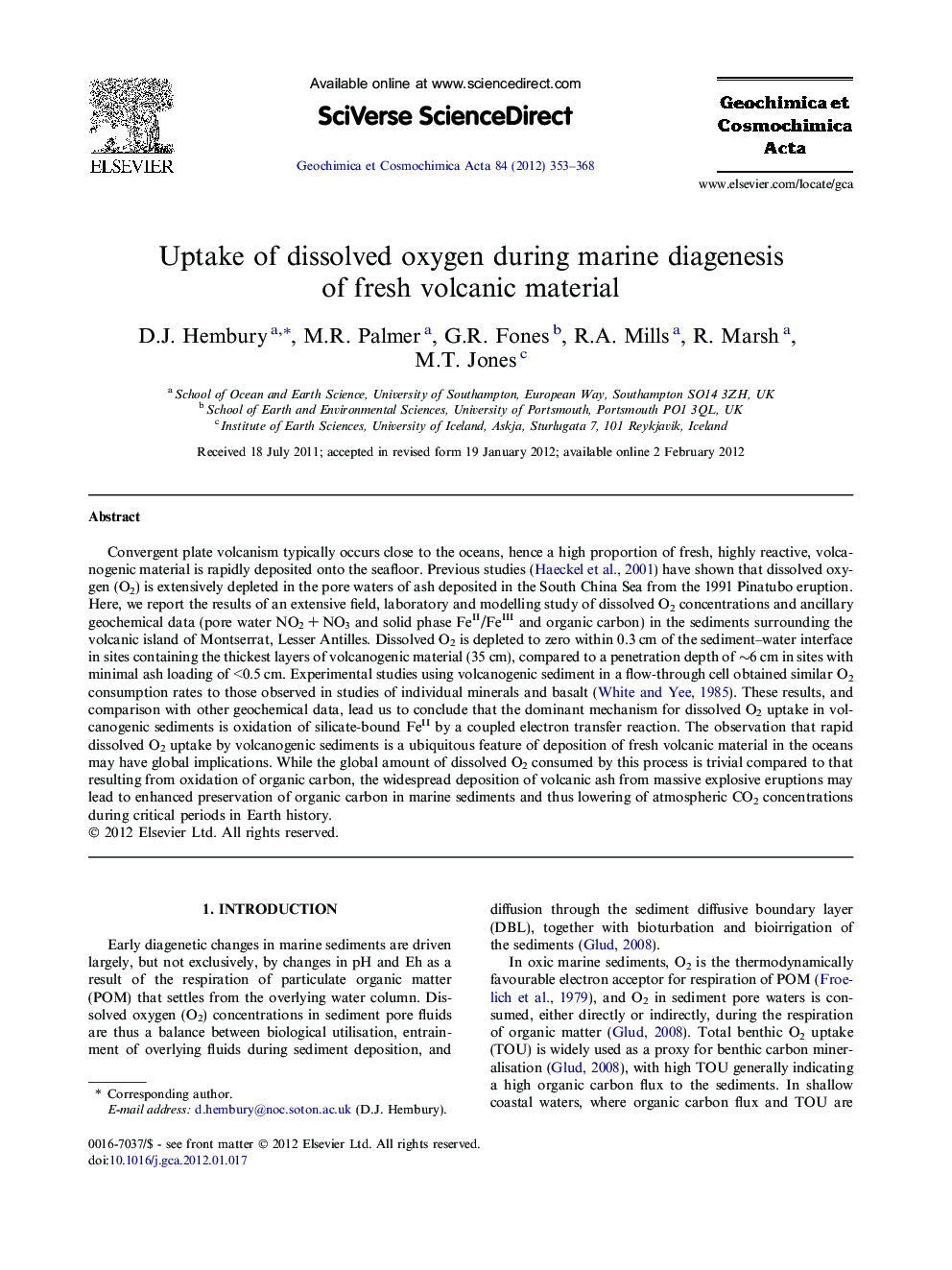 Uptake of dissolved oxygen during marine diagenesis of fresh volcanic material