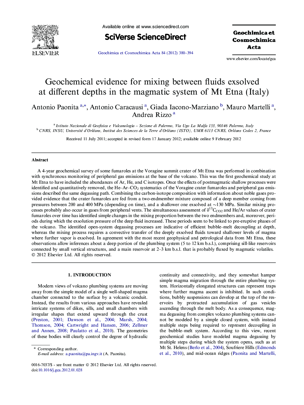 Geochemical evidence for mixing between fluids exsolved at different depths in the magmatic system of Mt Etna (Italy)