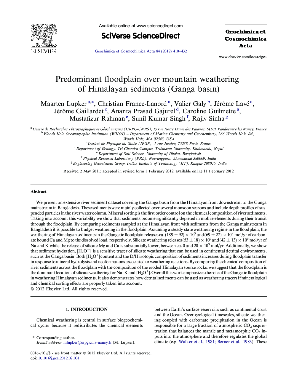 Predominant floodplain over mountain weathering of Himalayan sediments (Ganga basin)