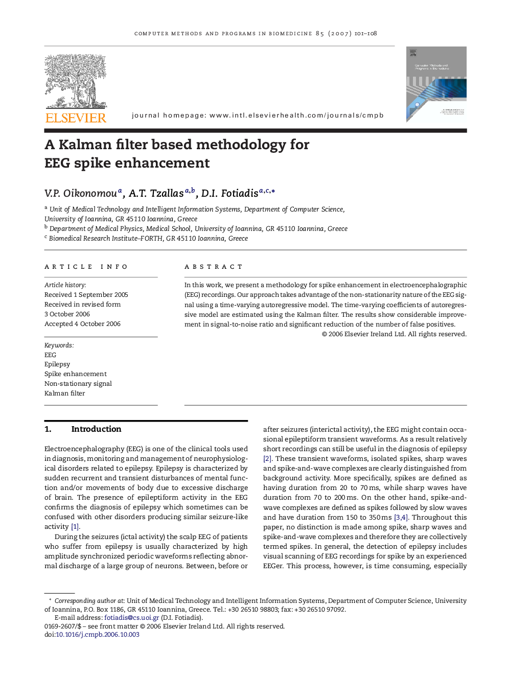 A Kalman filter based methodology for EEG spike enhancement