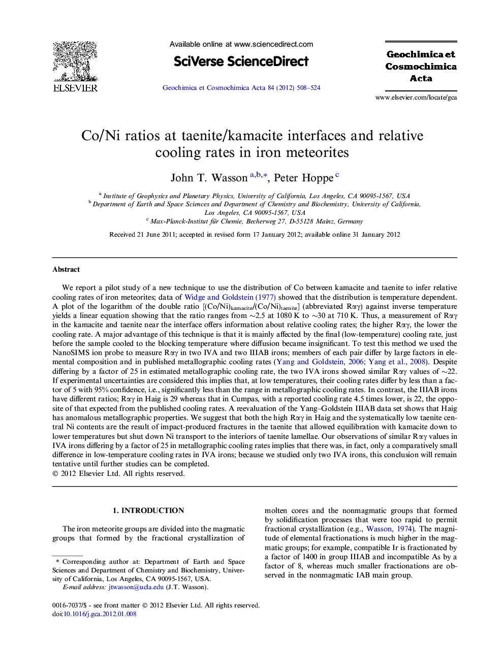 Co/Ni ratios at taenite/kamacite interfaces and relative cooling rates in iron meteorites