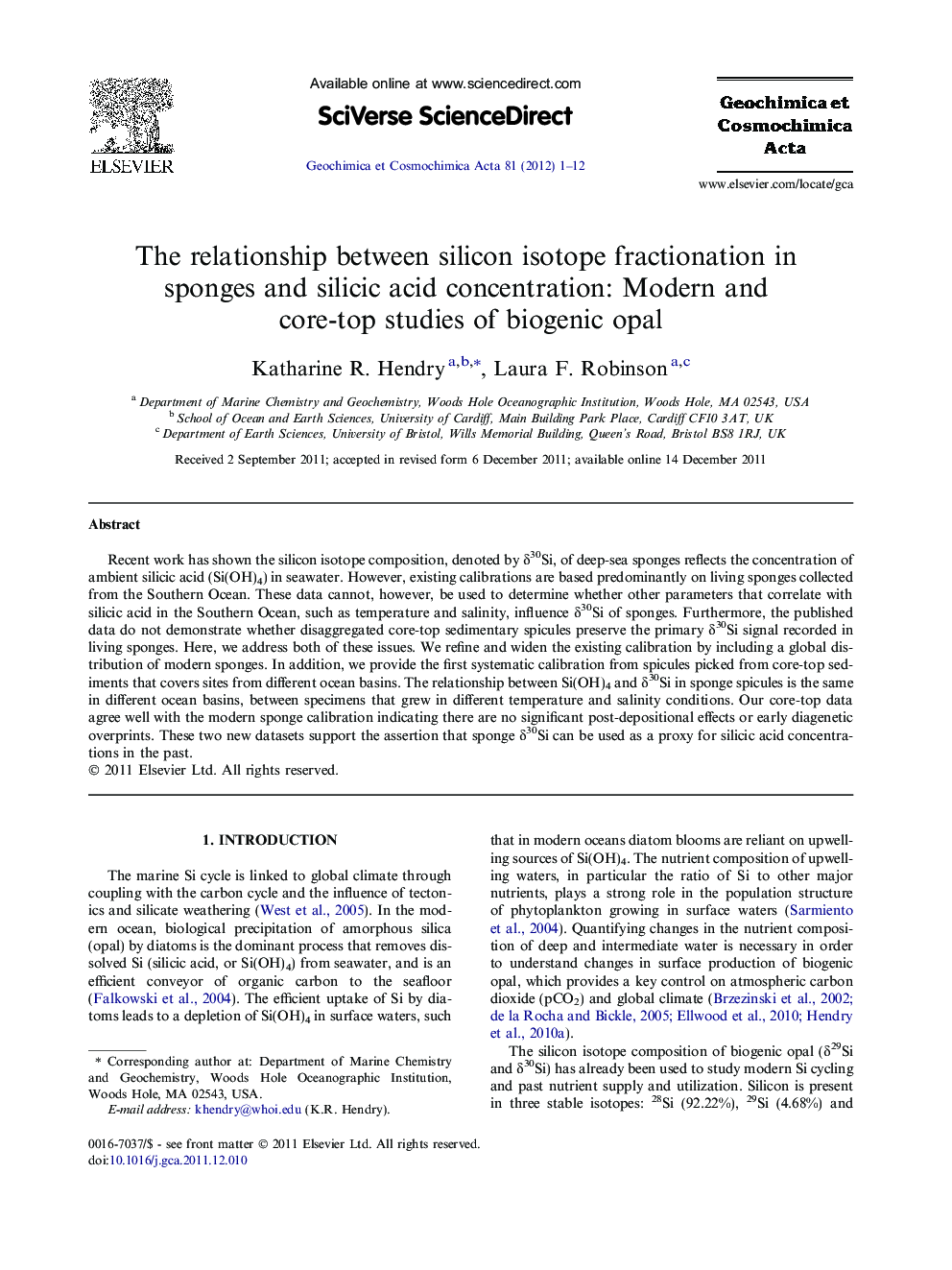 The relationship between silicon isotope fractionation in sponges and silicic acid concentration: Modern and core-top studies of biogenic opal