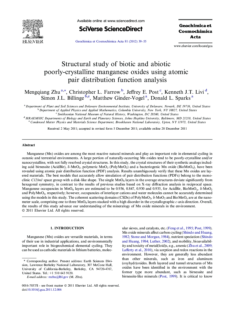 Structural study of biotic and abiotic poorly-crystalline manganese oxides using atomic pair distribution function analysis