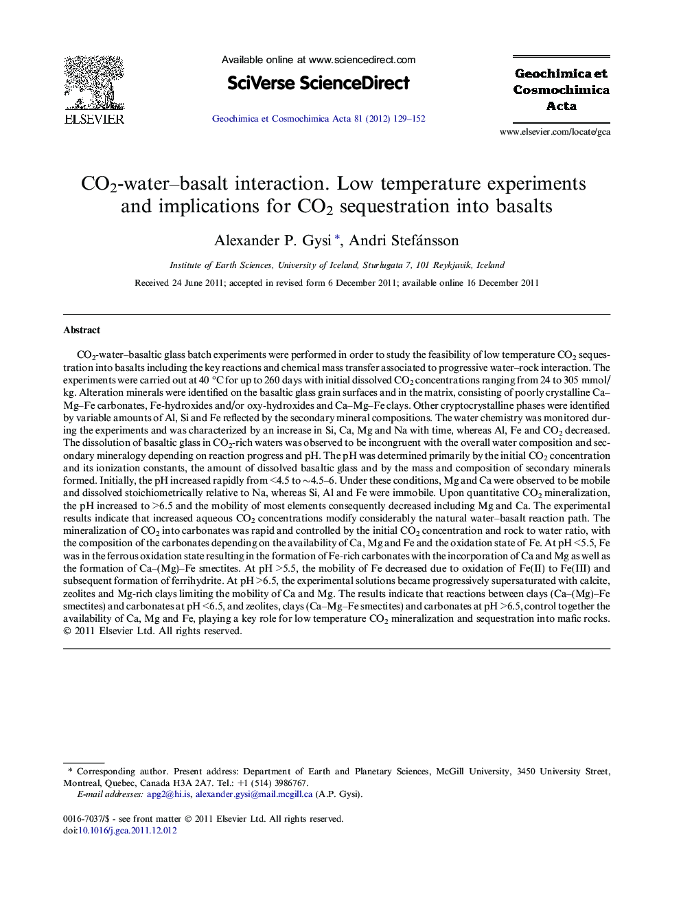 CO2-water–basalt interaction. Low temperature experiments and implications for CO2 sequestration into basalts