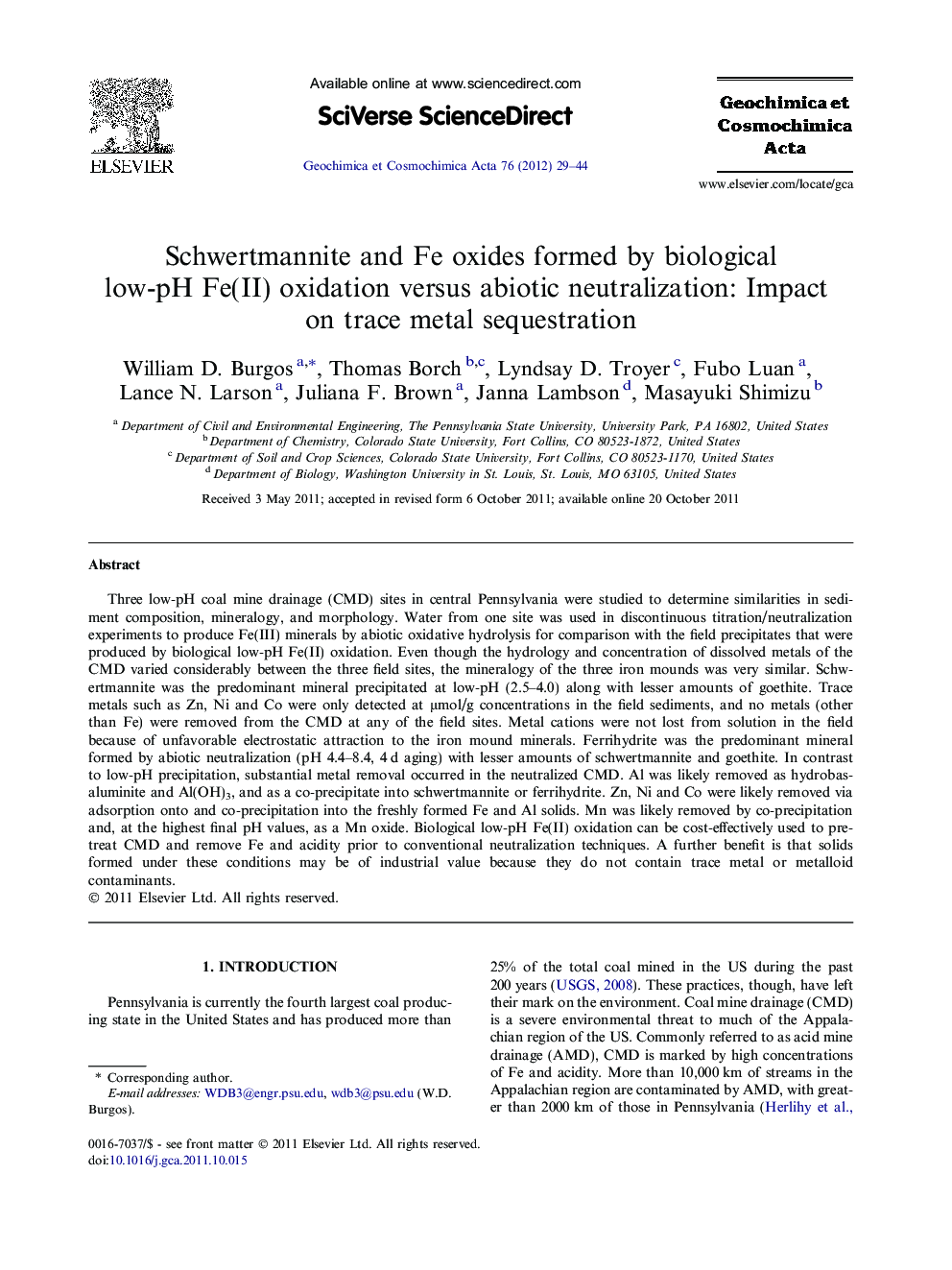 Schwertmannite and Fe oxides formed by biological low-pH Fe(II) oxidation versus abiotic neutralization: Impact on trace metal sequestration