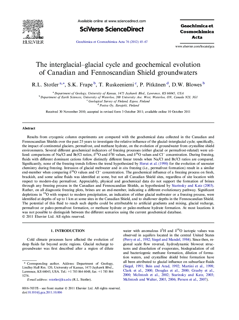 The interglacial–glacial cycle and geochemical evolution of Canadian and Fennoscandian Shield groundwaters