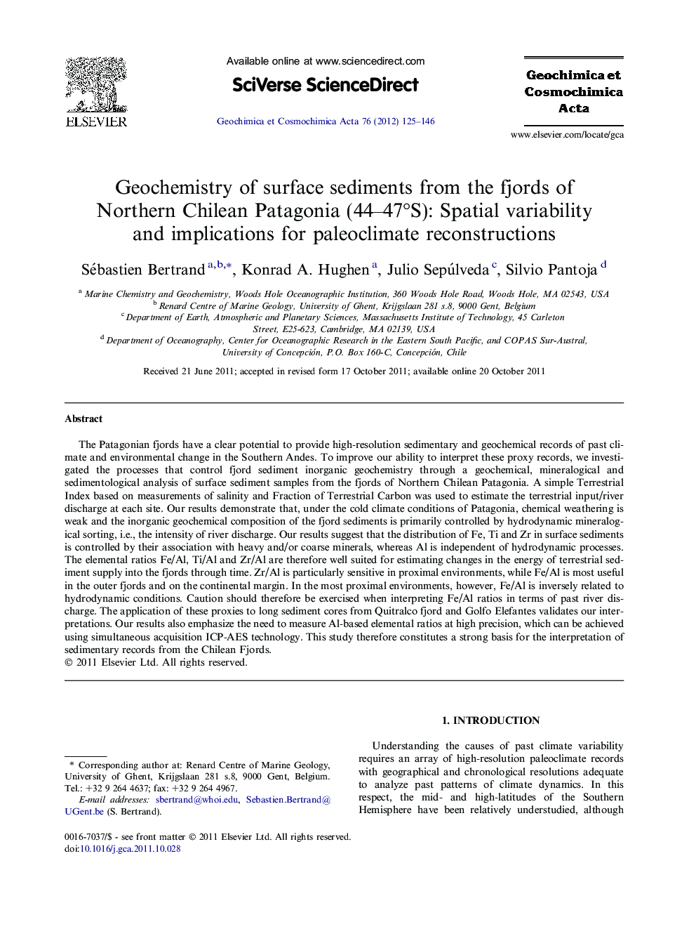 Geochemistry of surface sediments from the fjords of Northern Chilean Patagonia (44–47°S): Spatial variability and implications for paleoclimate reconstructions