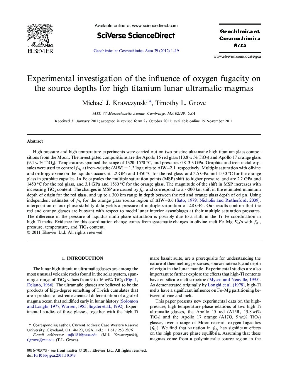 Experimental investigation of the influence of oxygen fugacity on the source depths for high titanium lunar ultramafic magmas