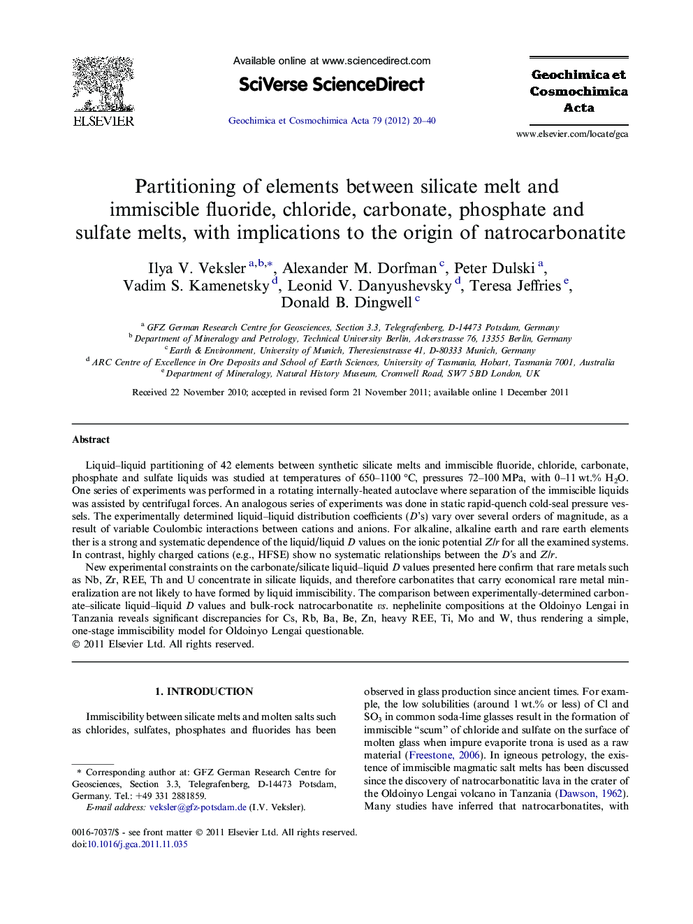 Partitioning of elements between silicate melt and immiscible fluoride, chloride, carbonate, phosphate and sulfate melts, with implications to the origin of natrocarbonatite