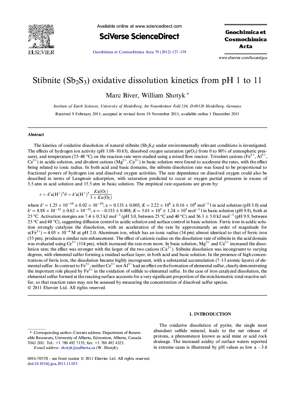 Stibnite (Sb2S3) oxidative dissolution kinetics from pH 1 to 11