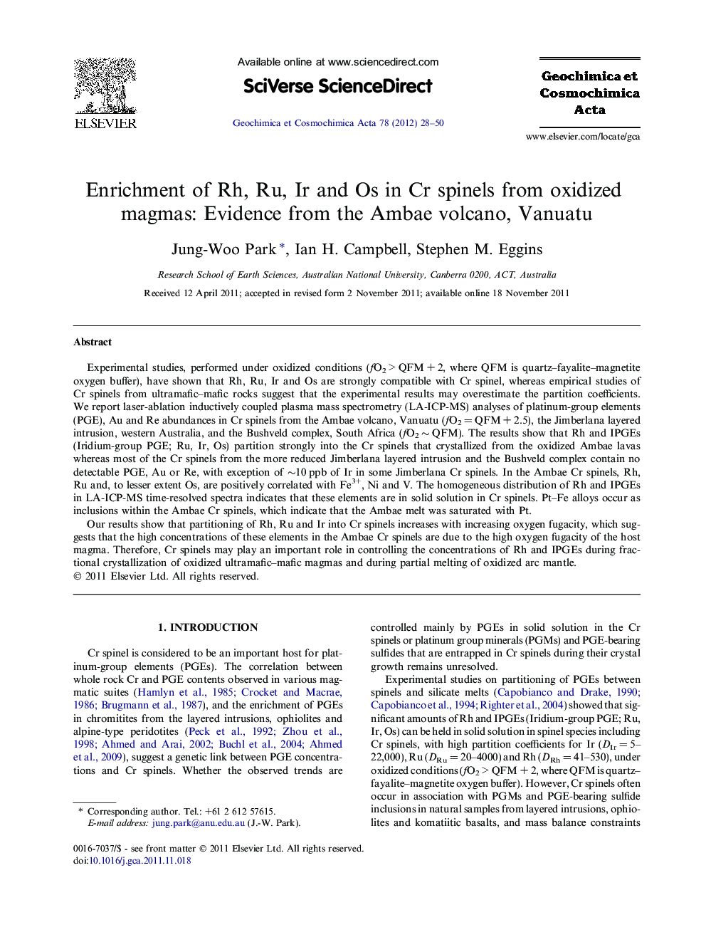 Enrichment of Rh, Ru, Ir and Os in Cr spinels from oxidized magmas: Evidence from the Ambae volcano, Vanuatu