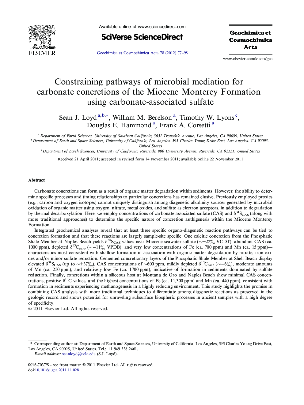 Constraining pathways of microbial mediation for carbonate concretions of the Miocene Monterey Formation using carbonate-associated sulfate