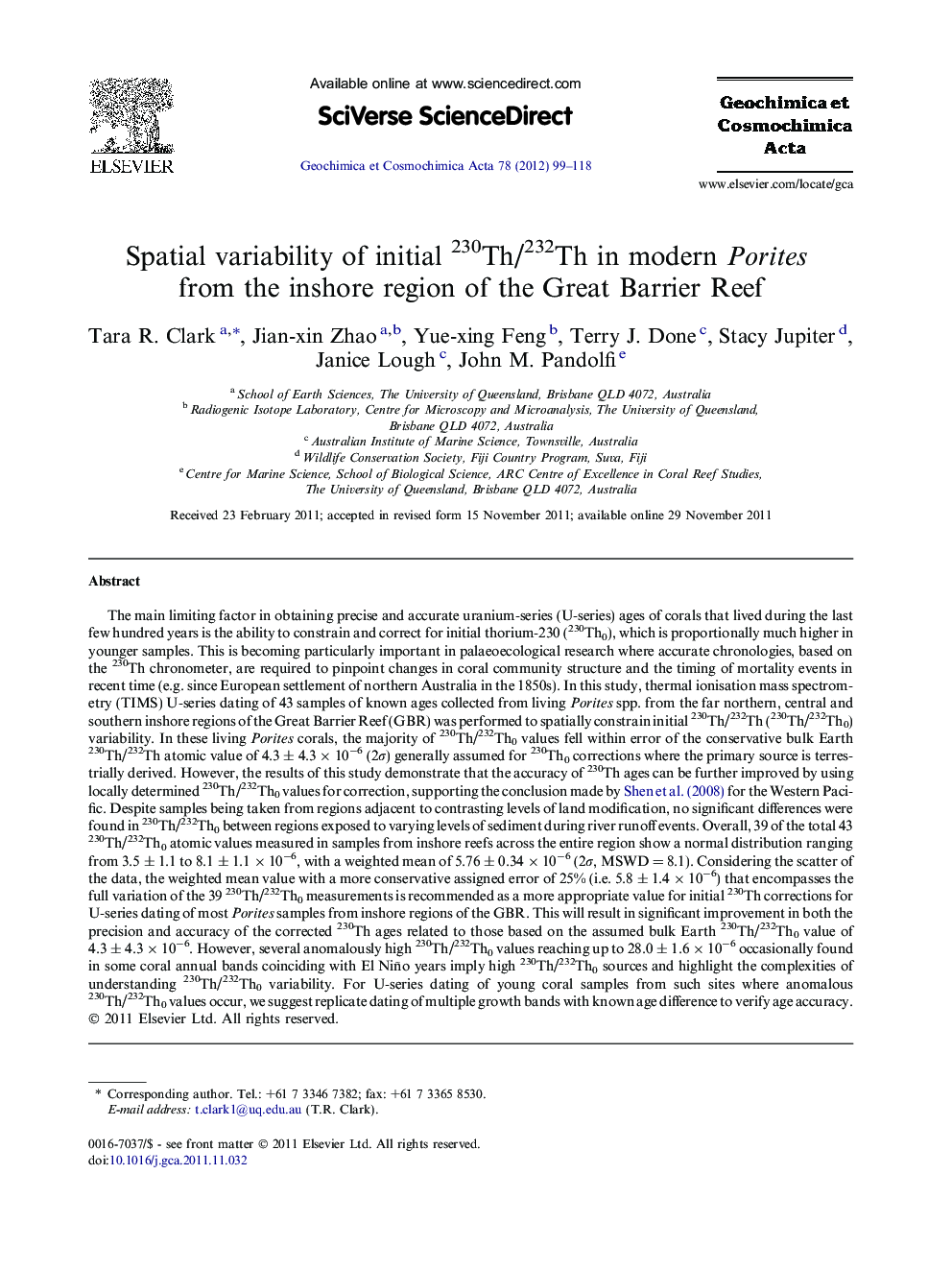 Spatial variability of initial 230Th/232Th in modern Porites from the inshore region of the Great Barrier Reef