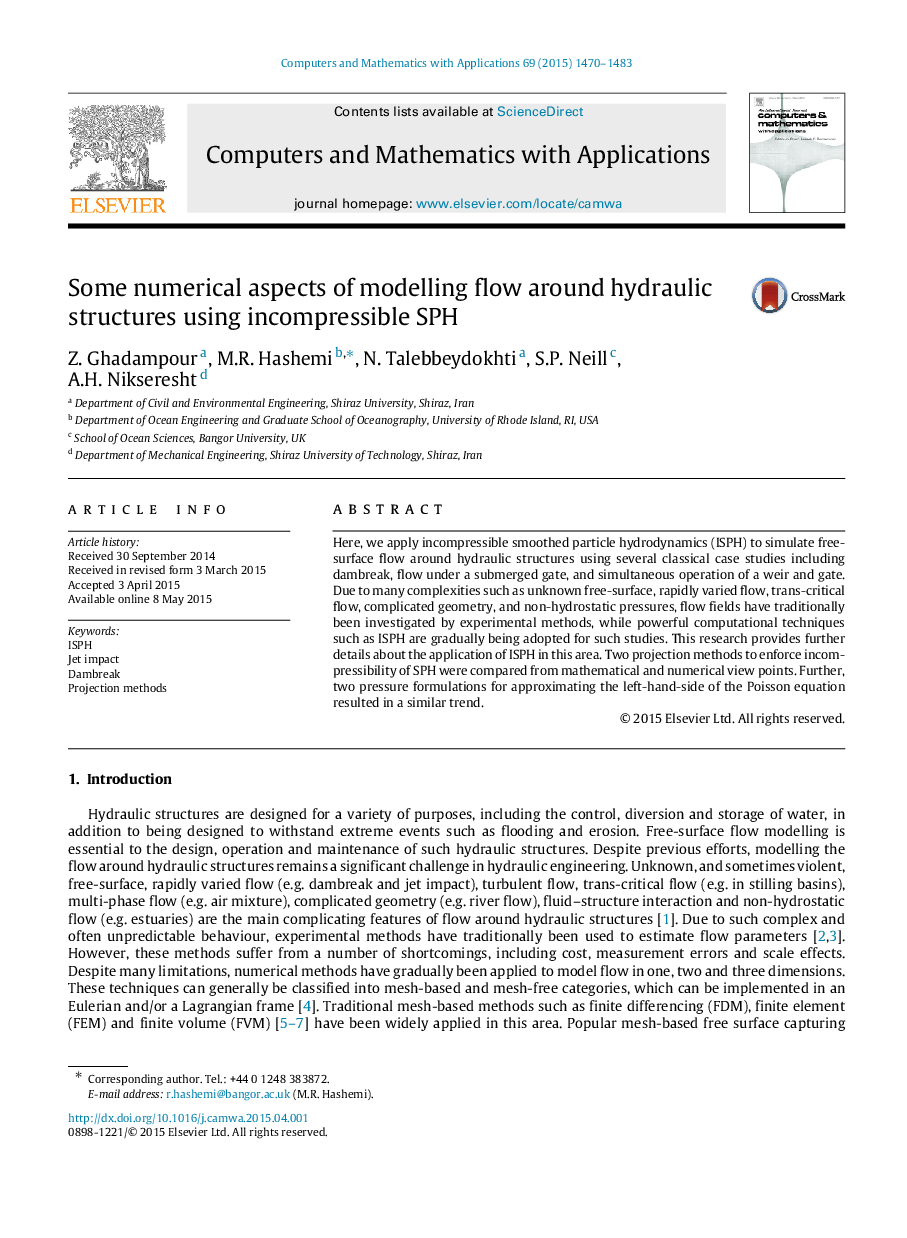 Some numerical aspects of modelling flow around hydraulic structures using incompressible SPH